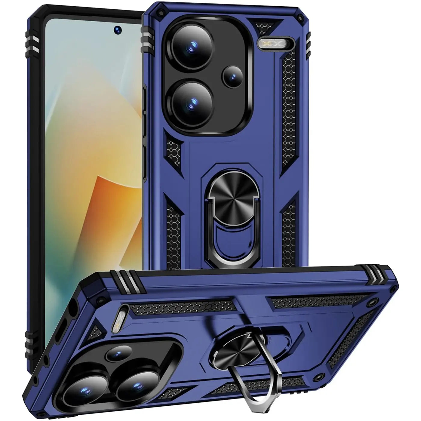 Blaue Hülle mit Ringhalter für Xiaomi Redmi Note 13 Pro+ 5G, von vorne/oben/seitlich