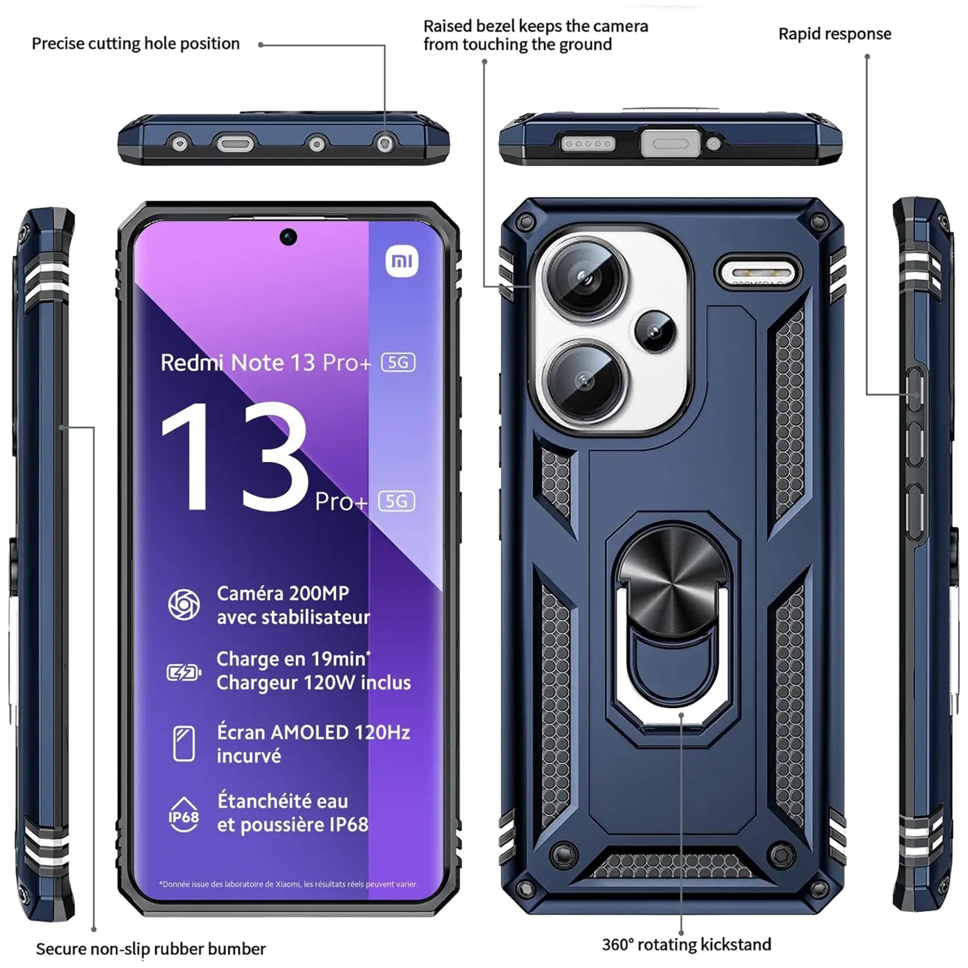 Dunkelblaue Hülle aus Kunststoff/Gummi mit Ringhalter für Xiaomi Redmi Note 13 Pro+ 5G, verschiedene Ansichten.