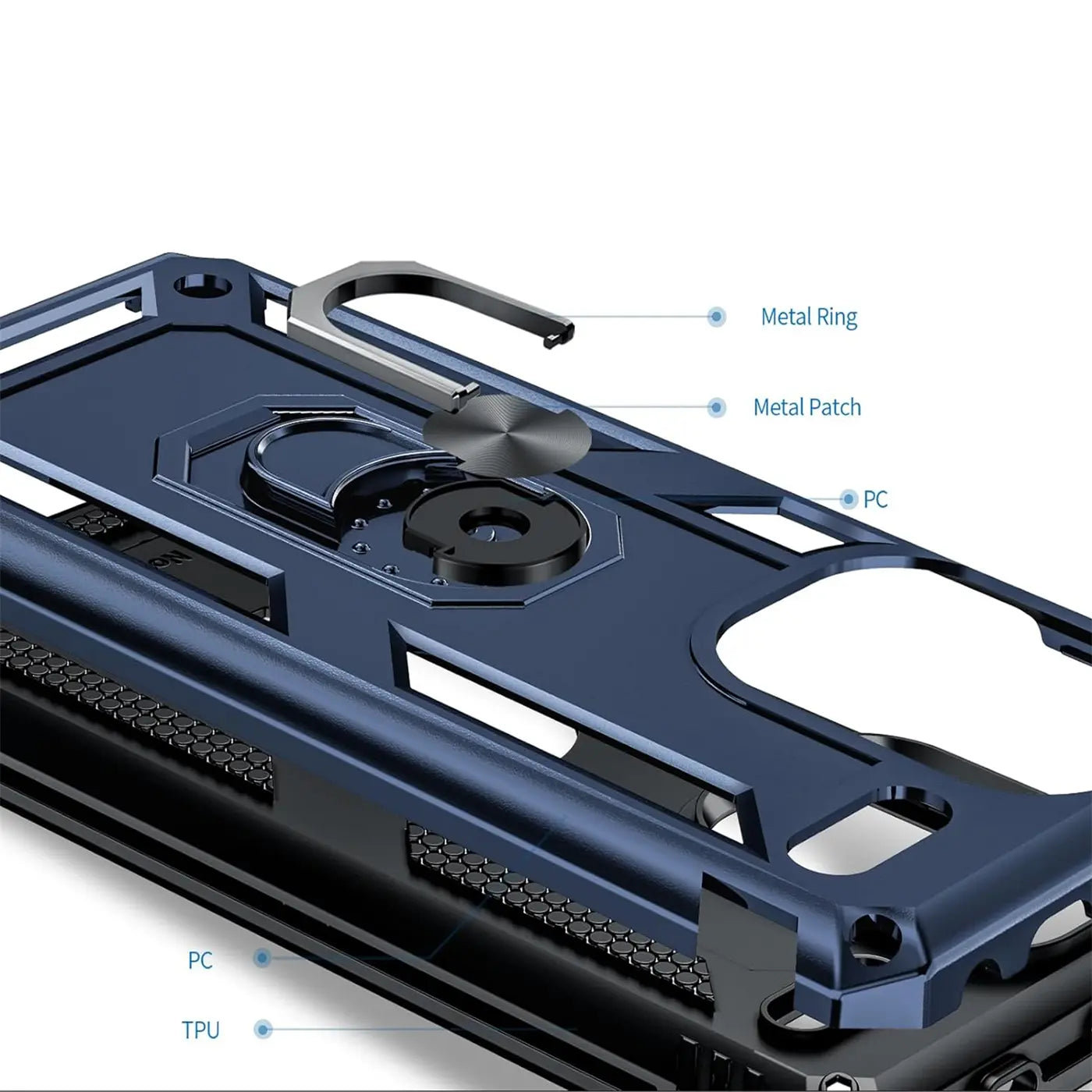 Dunkelblaue Hülle aus PC/TPU mit Metallring und -patch, Nahaufnahme, kein Gerät sichtbar.