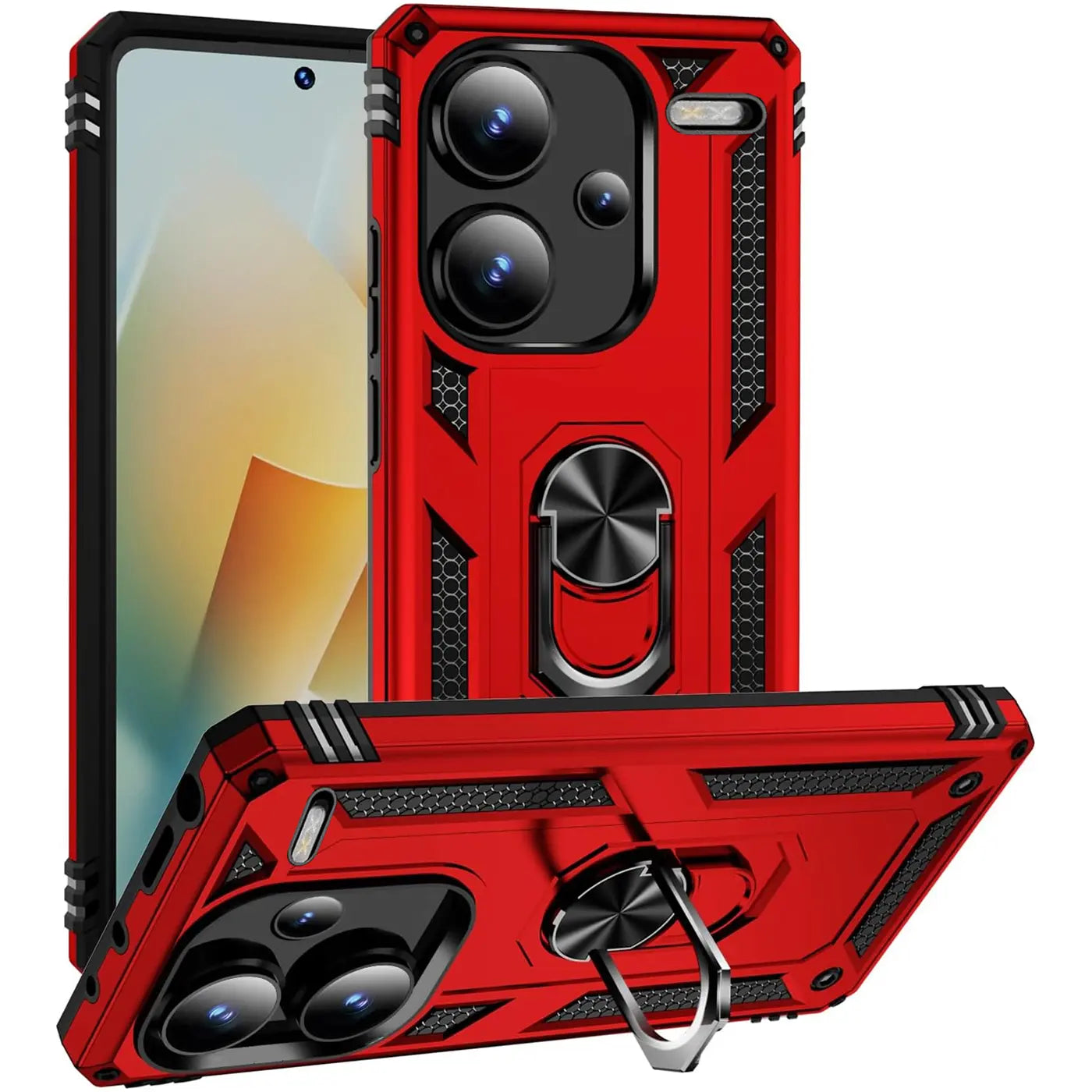 Rote Militärhülle mit Ringhalter für Xiaomi Redmi Note 13 Pro+ 5G, aus Kunststoff, von vorne/oben.