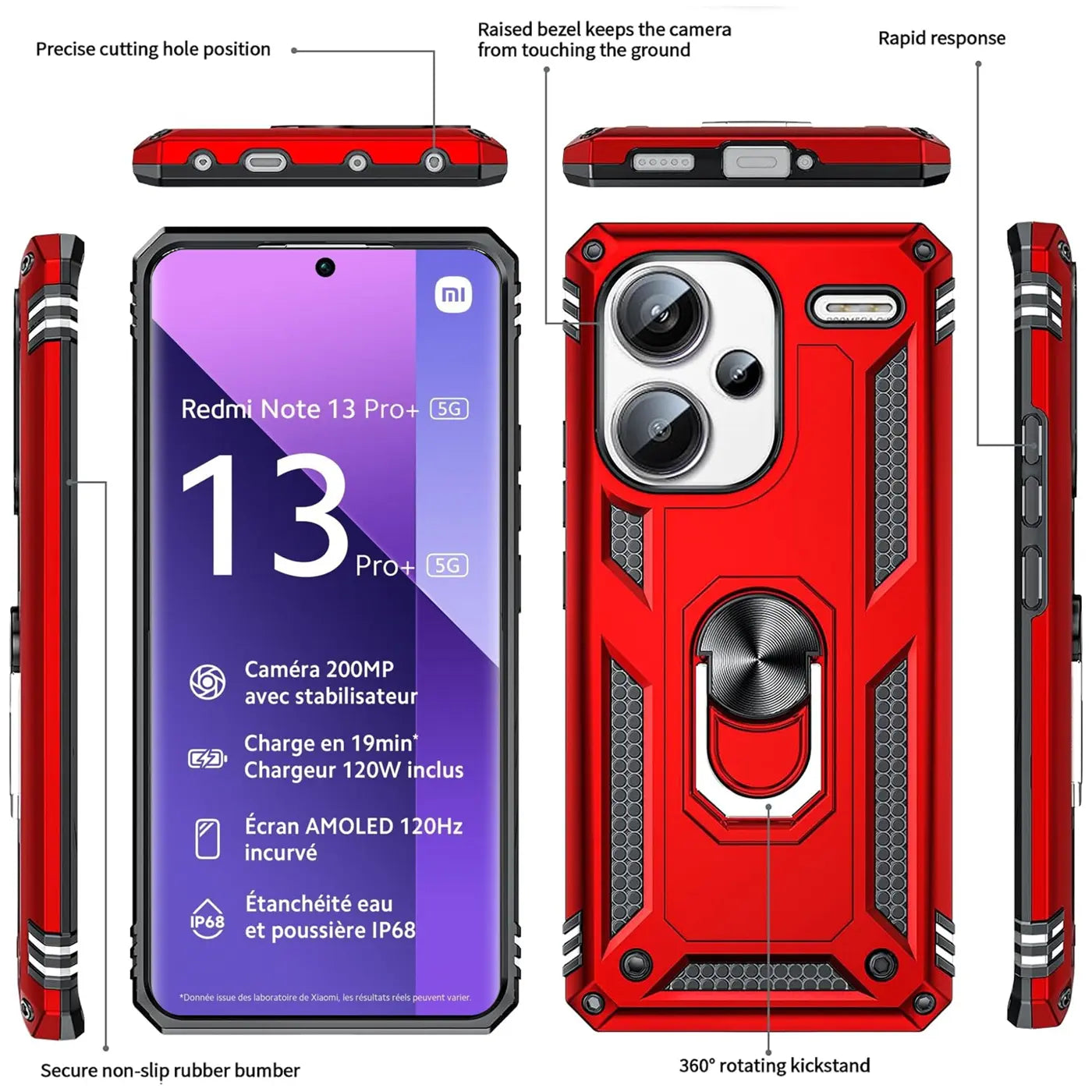 Rote Hülle aus Kunststoff mit Ringhalter für Xiaomi Redmi Note 13 Pro+ 5G, Vorder- und Rückansicht.