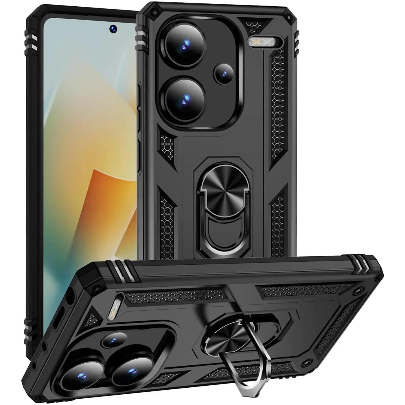 Schwarze Military-Hülle aus Kunststoff mit Ringhalter für Xiaomi Redmi Note 13 Pro+ 5G.