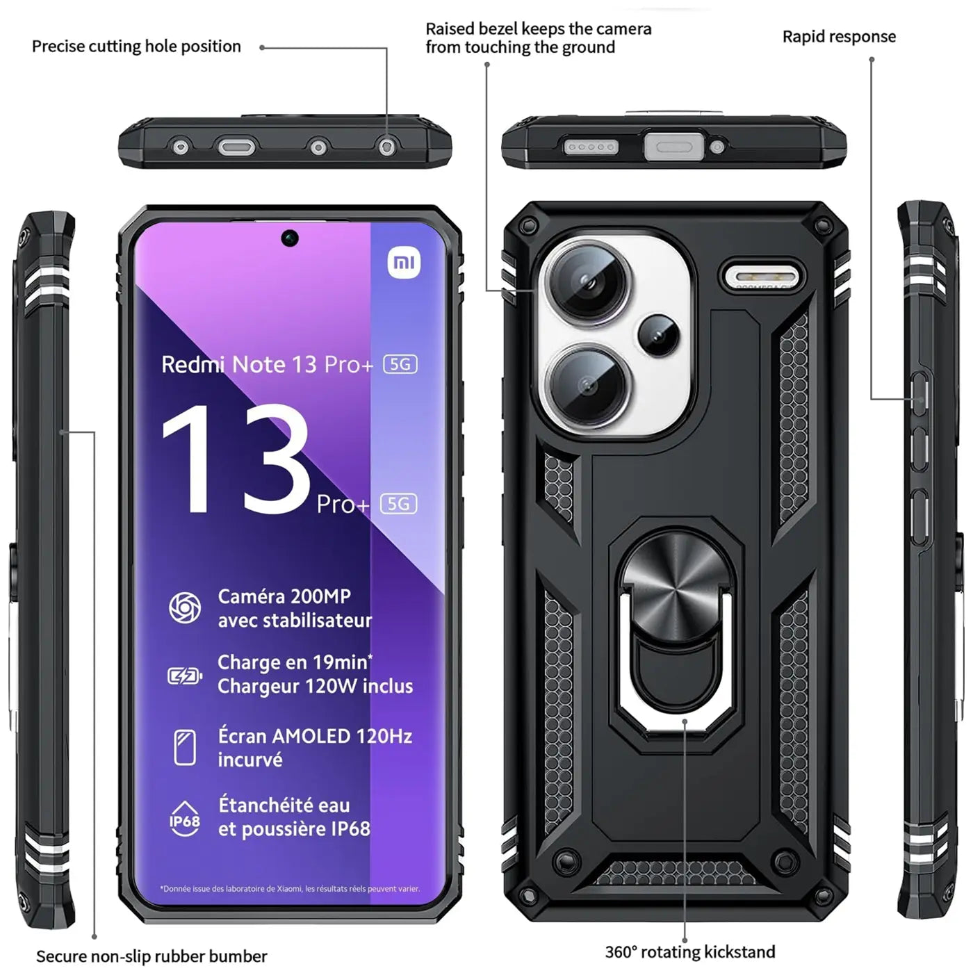 Schwarze Hülle mit Ringhalter für Xiaomi Redmi Note 13 Pro+ 5G, Vorder- und Rückansicht.