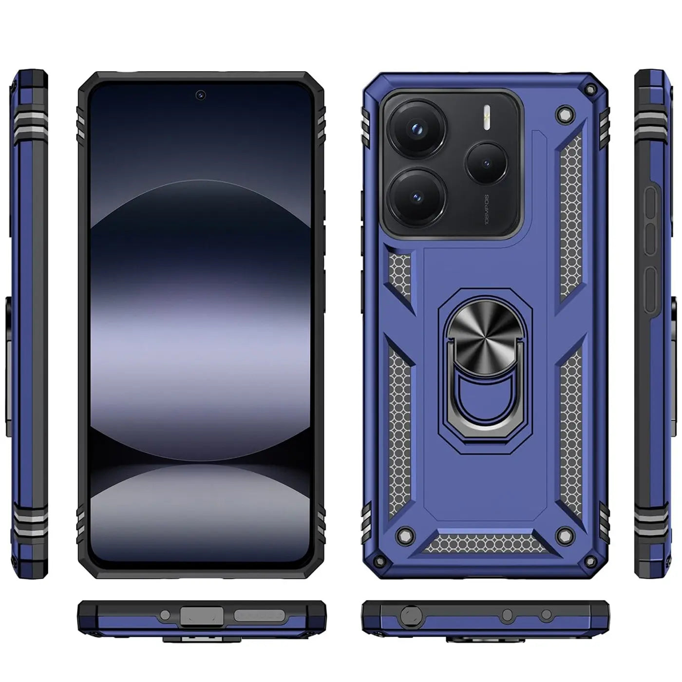 Blaue Hülle mit Ringhalter für Xiaomi Redmi Note 14 5G, verschiedene Ansichten.