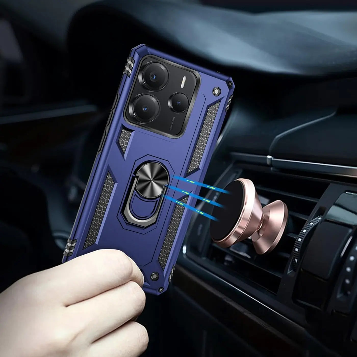 Blaue Hülle mit Ringhalter für Xiaomi Redmi Note 14 5G, von vorne, im Auto