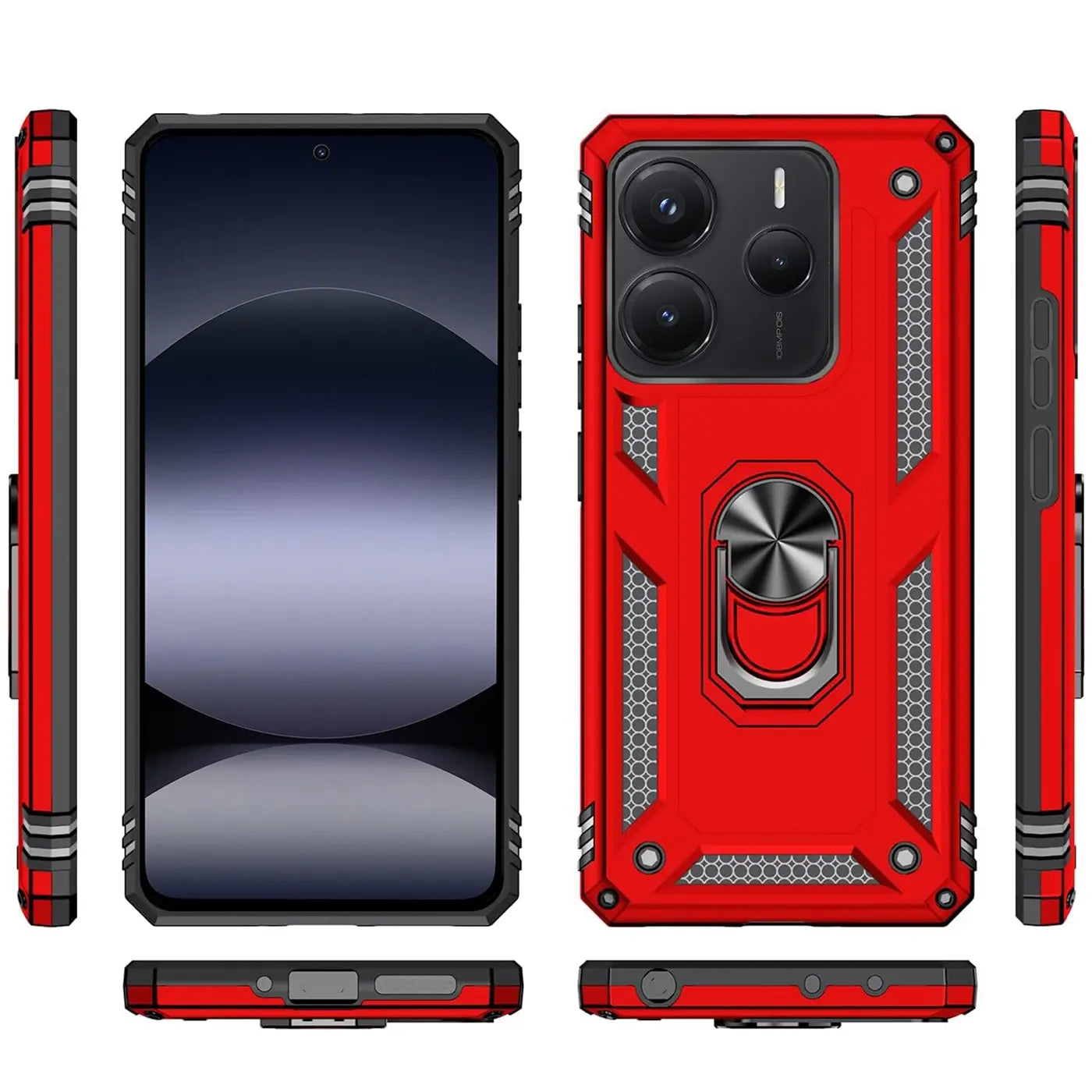 Rote Militär-Hülle mit Ringhalter für Xiaomi Redmi Note 14 5G, verschiedene Ansichten