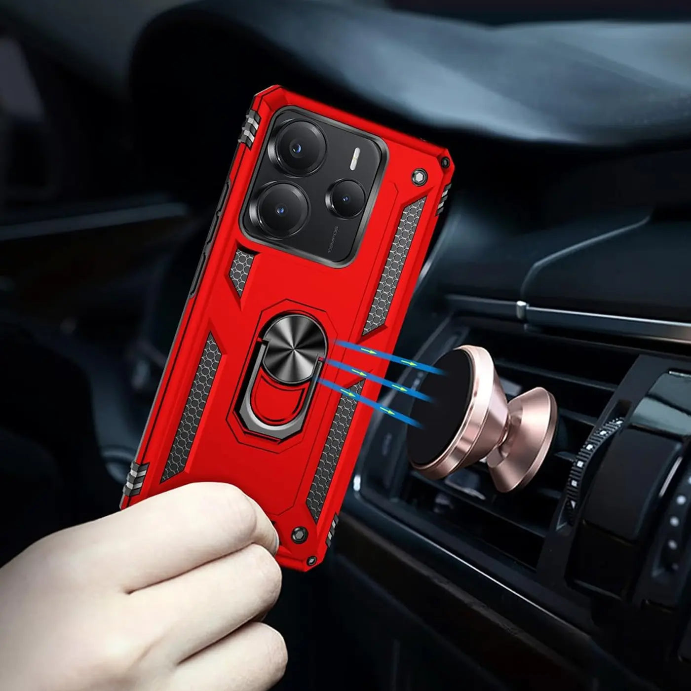 Rote Hülle mit Ringhalter, Metall, von vorne, Xiaomi Redmi Note 14 5G.