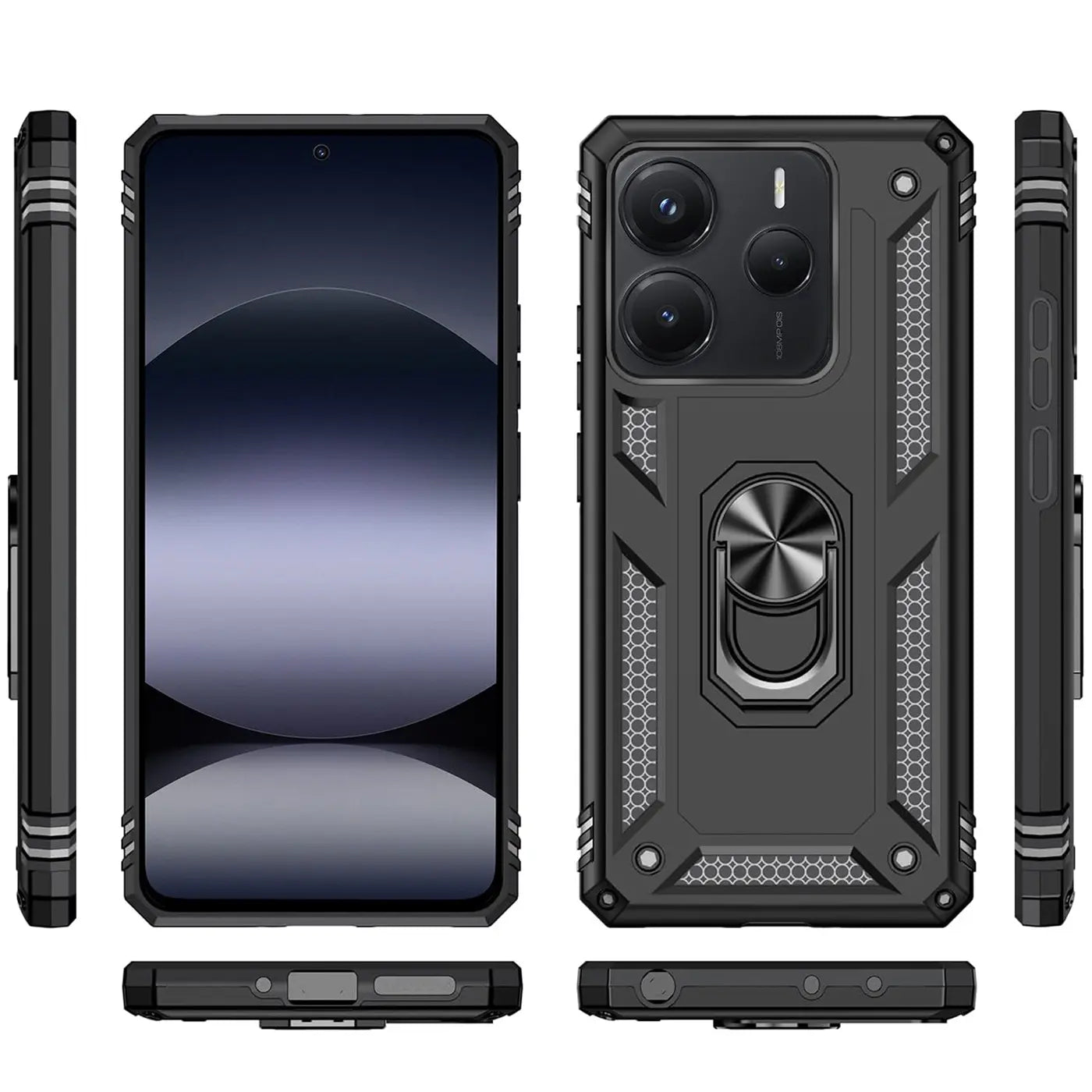 Schwarze Handyhülle aus Kunststoff mit Ringhalter, Vorder- und Rückansicht, Xiaomi Redmi Note 14 5G.