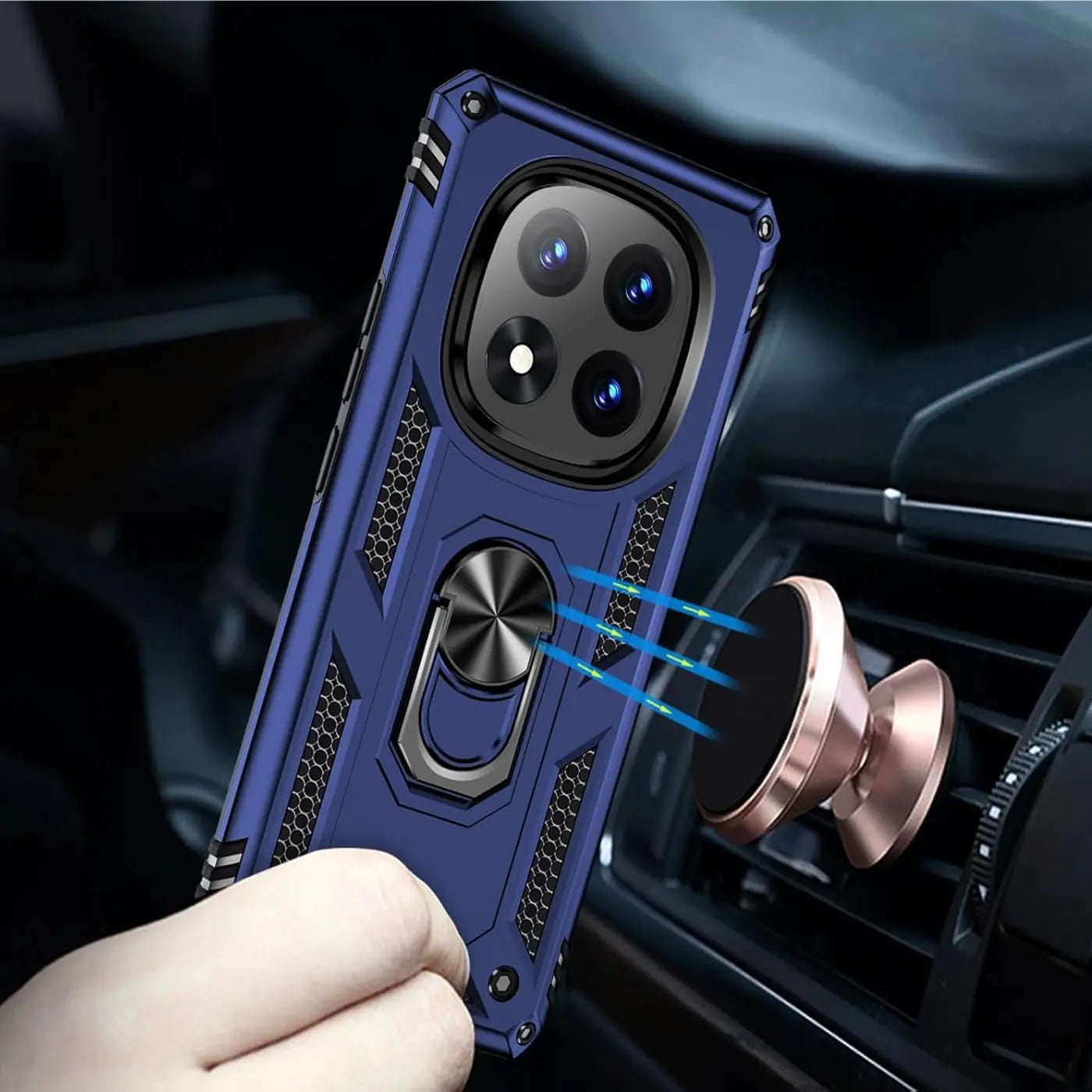 Blaue Hülle mit Ringhalter für Xiaomi Redmi Note 14 Pro 5G, aus Kunststoff, Nahaufnahme.
