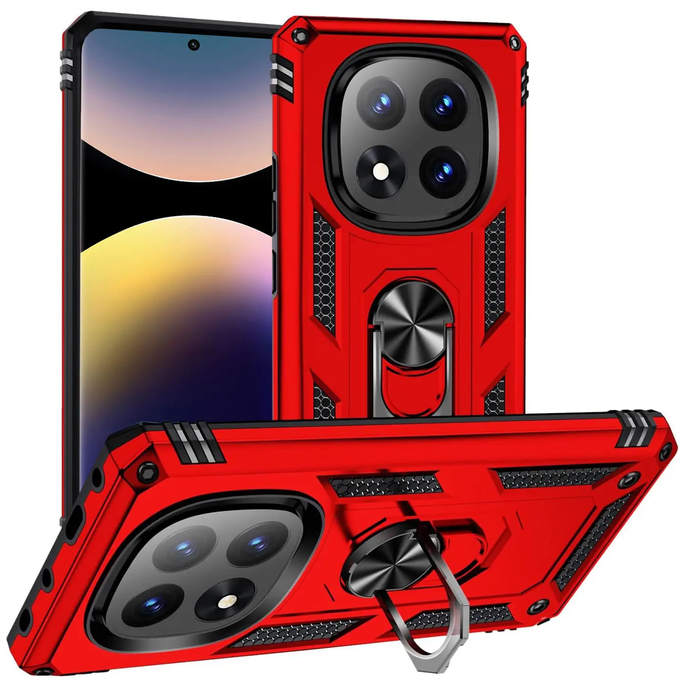 Rote Militär-Hülle mit Ringhalter für Xiaomi Redmi Note 14 Pro 5G, von vorne/seitlich