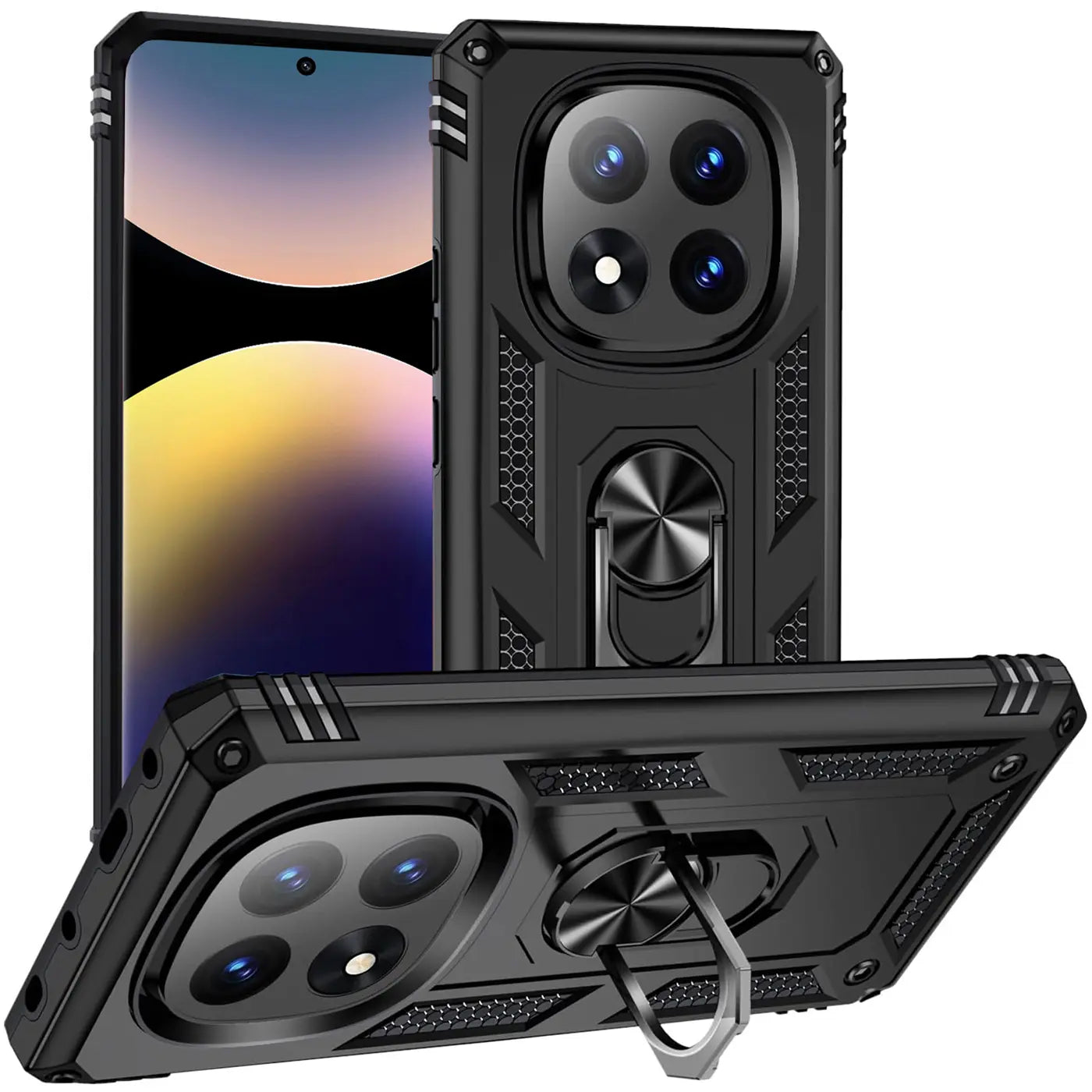 Schwarze Hülle aus Kunststoff mit Ringhalter, seitliche Ansicht, für Xiaomi Redmi Note 14 Pro 5G.