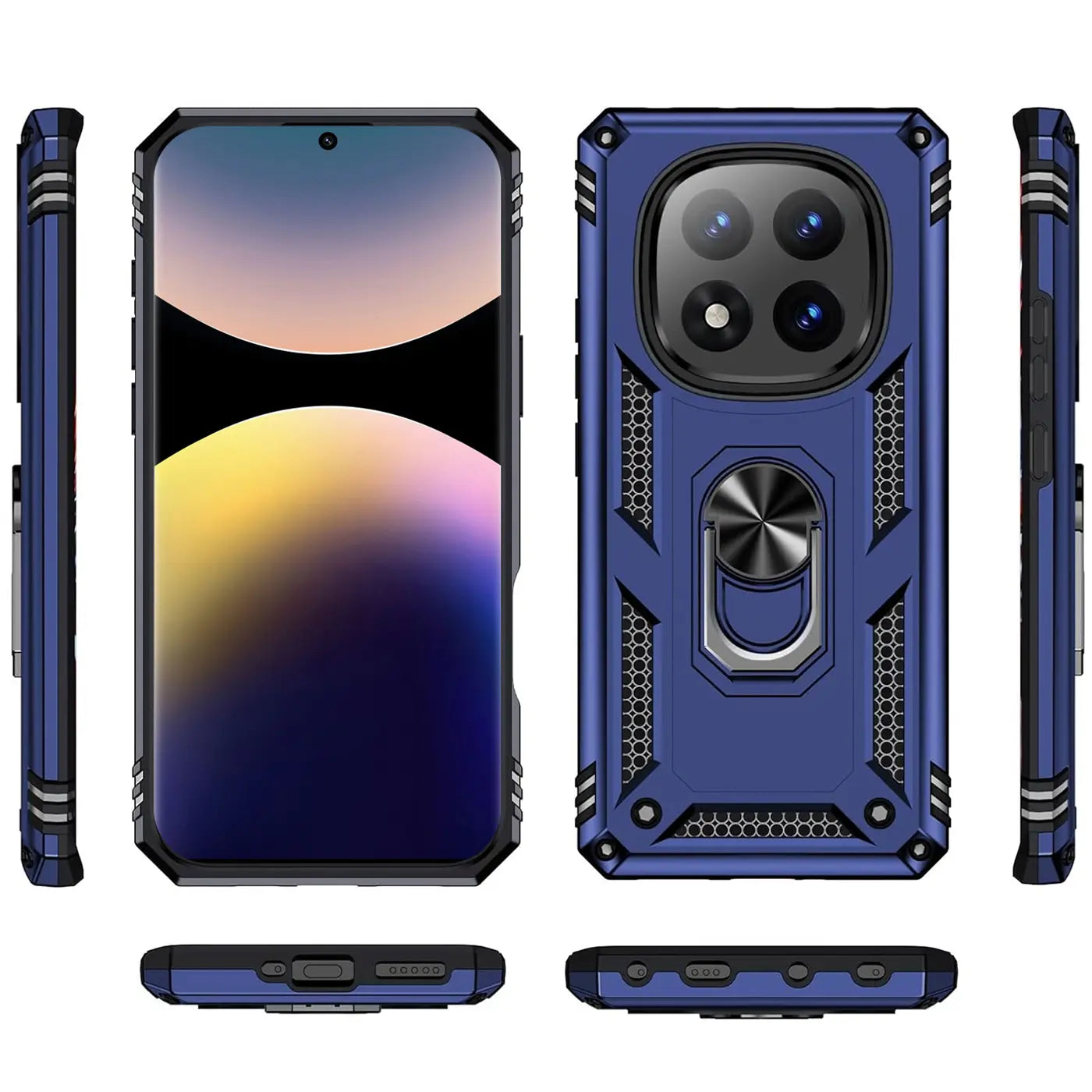 Blaue Hülle aus Kunststoff/Metall mit Ringhalter für Xiaomi Redmi Note 14 Pro+ 5G, verschiedene Ansichten.