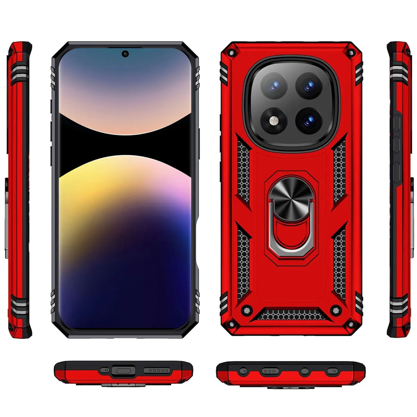 Rote Hülle mit Ringhalter für Xiaomi Redmi Note 14 Pro+ 5G, von vorne, hinten, Seite, oben, unten.