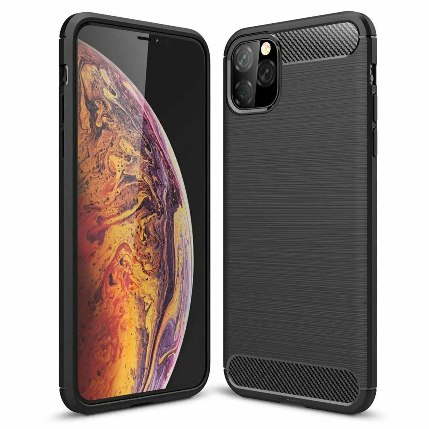 Schwarze Carbon-Hülle für iPhone 11 Pro Max, von vorne und hinten gezeigt, aus Kunststoff.