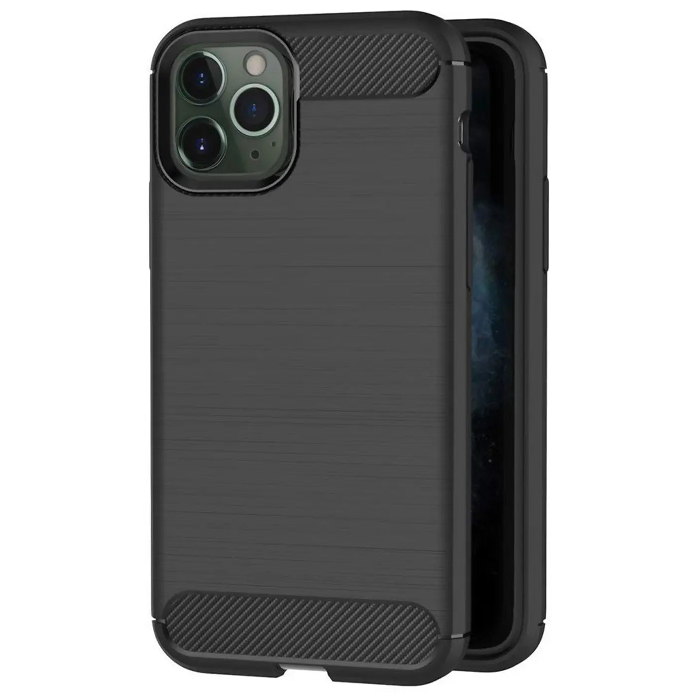 Schwarze Carbon-Hülle mit gebürsteter Oberfläche, seitlich gezeigt, mit iPhone 11 Pro Max.