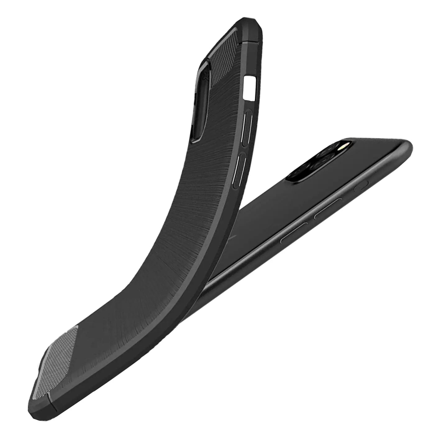 Schwarze Carbon-Hülle für iPhone 11 Pro, von schräg oben, mit Textur.