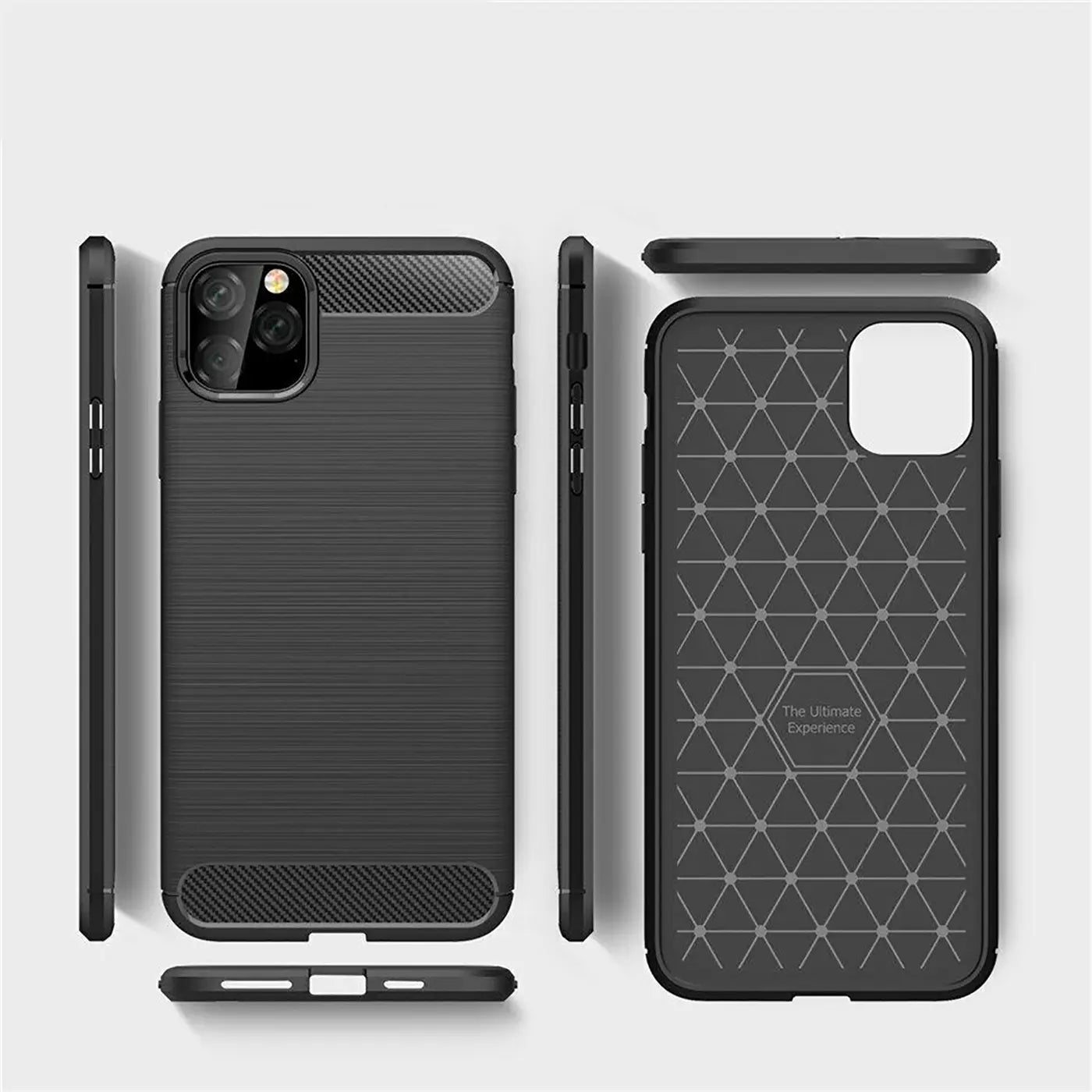 Schwarze Carbon-Hülle für iPhone 11 Pro, von vorne, Seite, Rückseite und unten gezeigt.