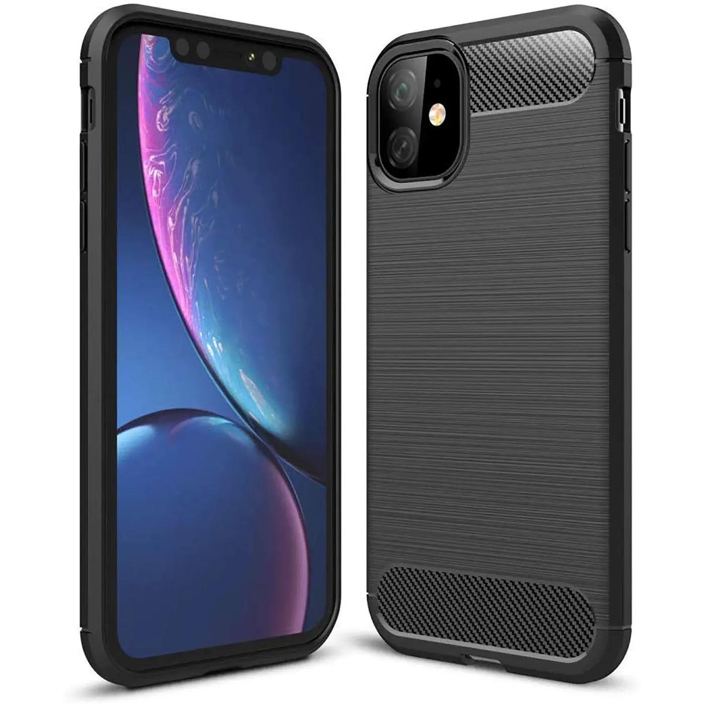 iPhone 11 Hülle, schwarz, Carbon-Optik, von vorne und hinten gezeigt