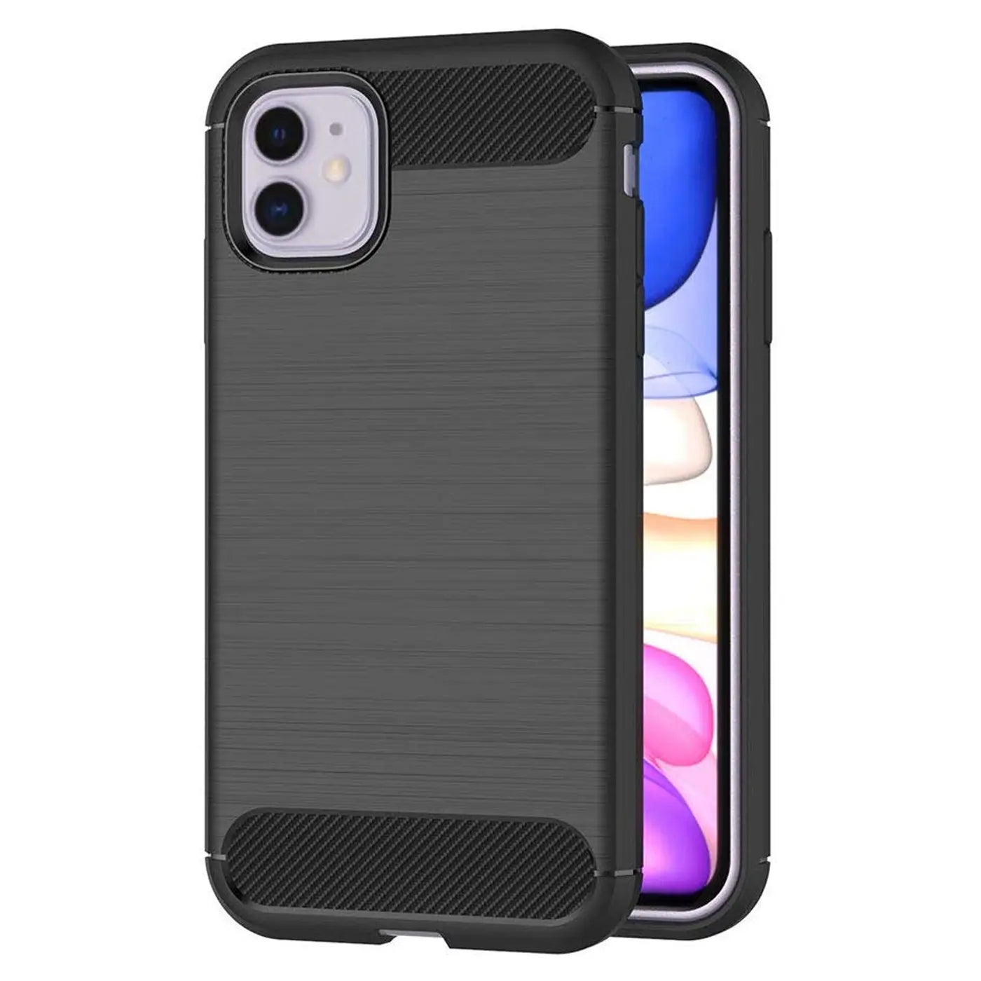 Schwarze Carbon-Hülle mit gebürsteter Textur, schützt iPhone 11, von vorne gesehen.
