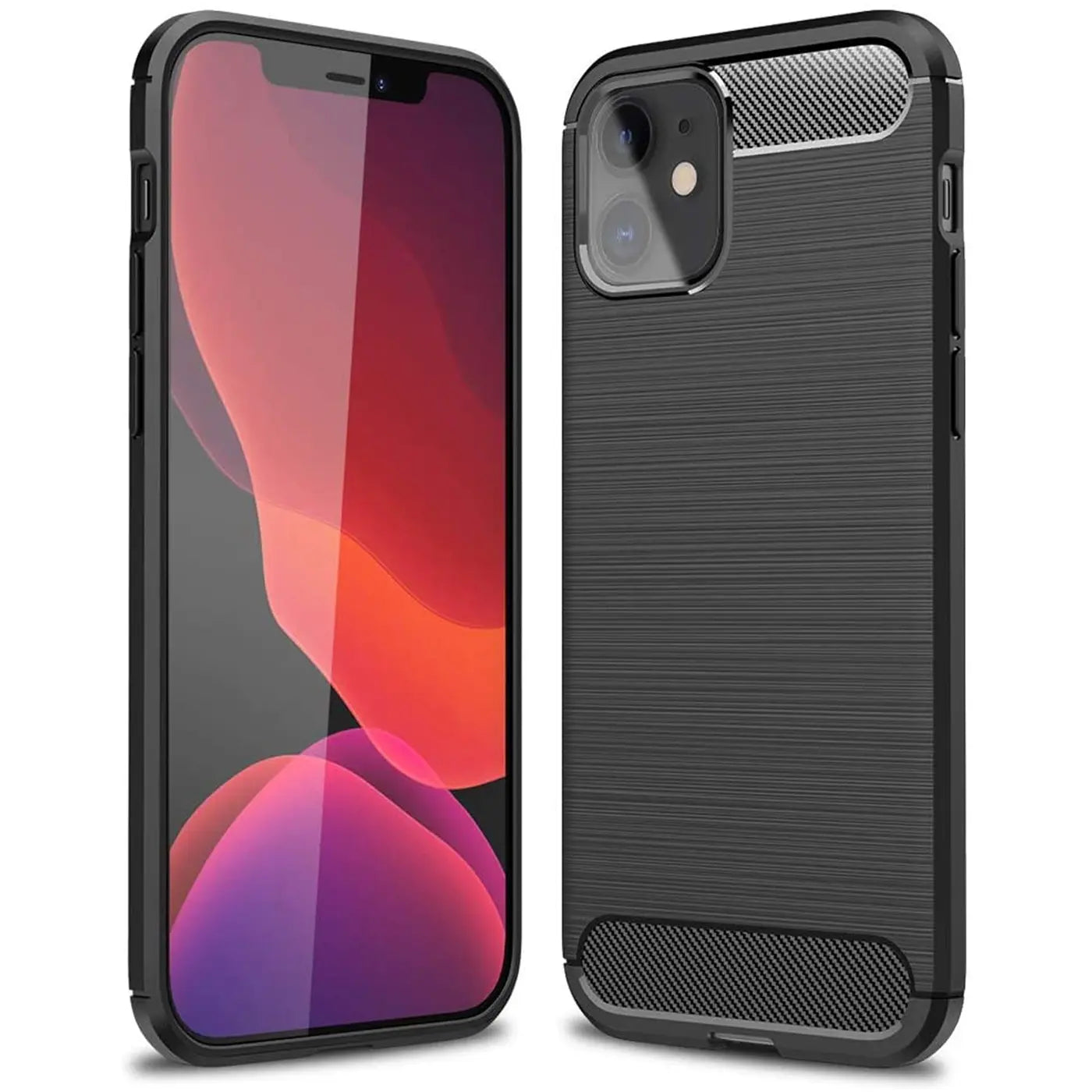 Schwarze Carbon-Hülle, Vorder- und Rückansicht, iPhone 12 Mini.