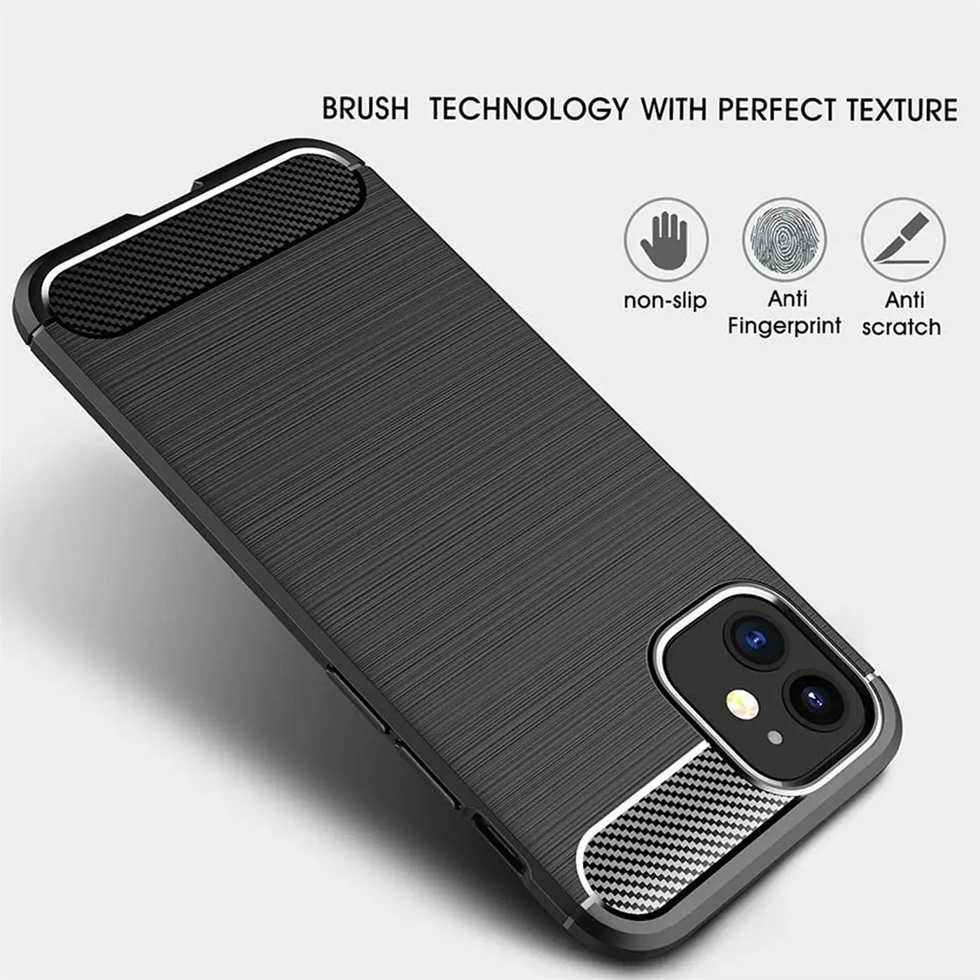 Schwarze Carbon-Hülle mit gebürsteter Textur, seitliche Ansicht, zeigt iPhone 12 Mini Kamera