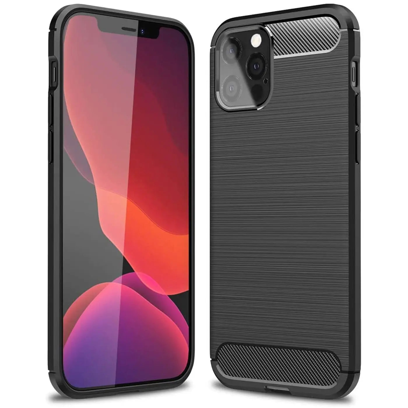 iPhone 12 Pro Max Hülle, schwarz, Carbon-Optik, von vorne und hinten gezeigt.