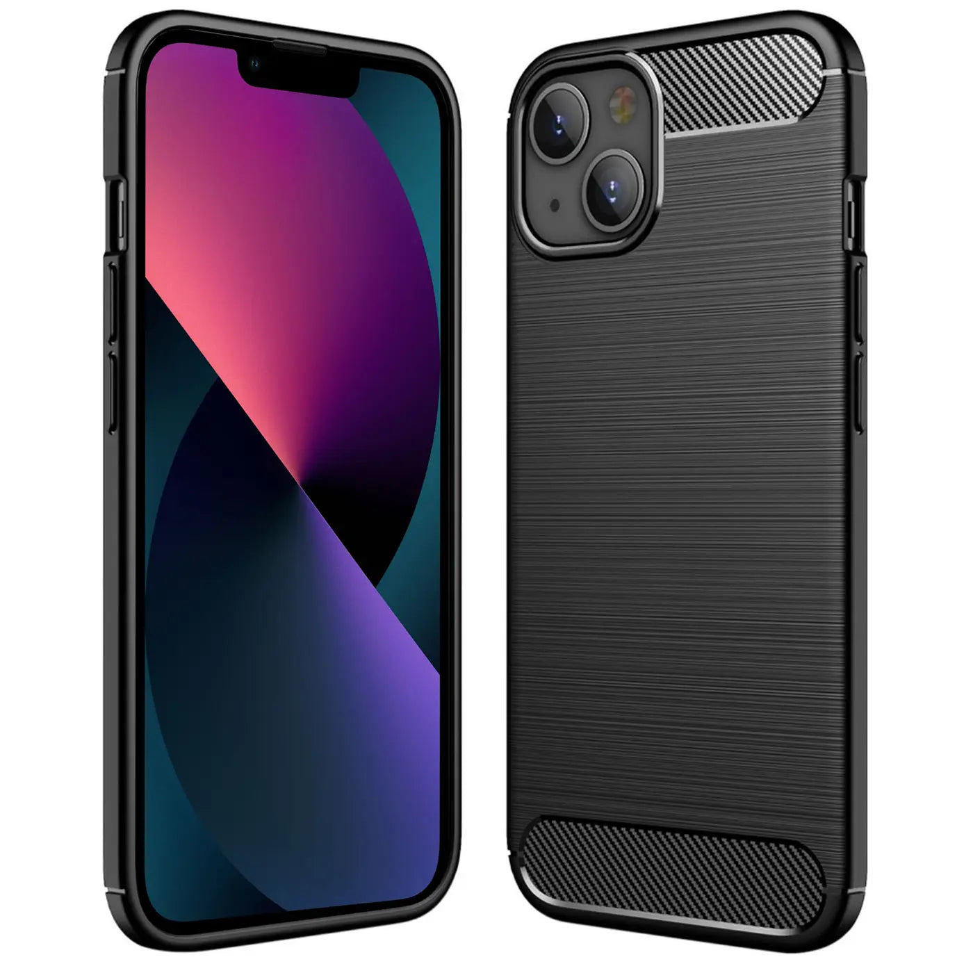 Schwarze Carbon-Hülle mit gebürsteter Textur, seitliche Ansicht, zeigt iPhone 13 Mini.