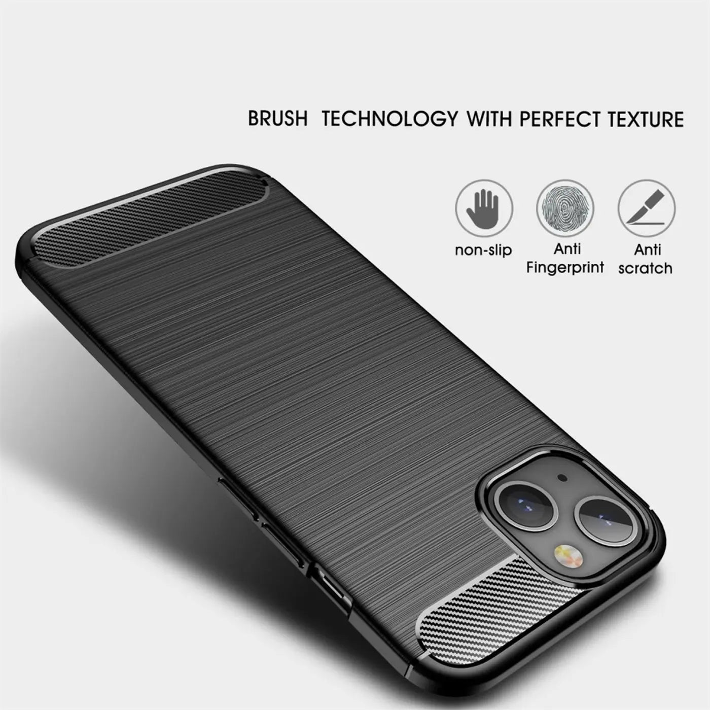 Schwarze Carbon-Hülle für iPhone 13 Mini, von schräg oben, gebürstete Textur