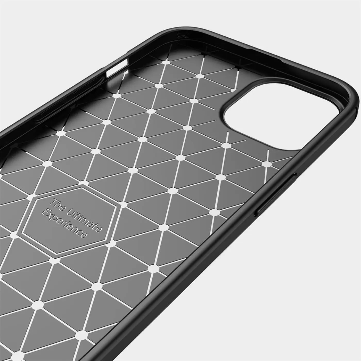 Schwarze Carbon-Hülle, Innenansicht, geometrisches Muster, Ausschnitt für iPhone 13 Mini.