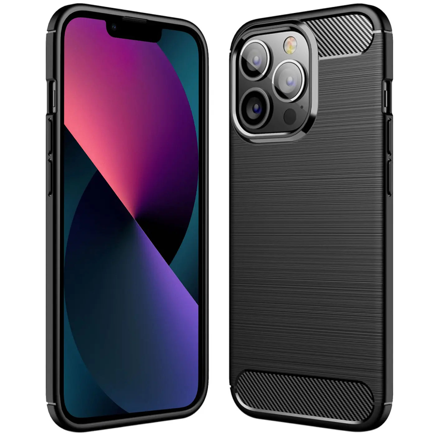 Schwarze Carbon-Hülle für iPhone 13 Pro, von vorne und hinten gezeigt.