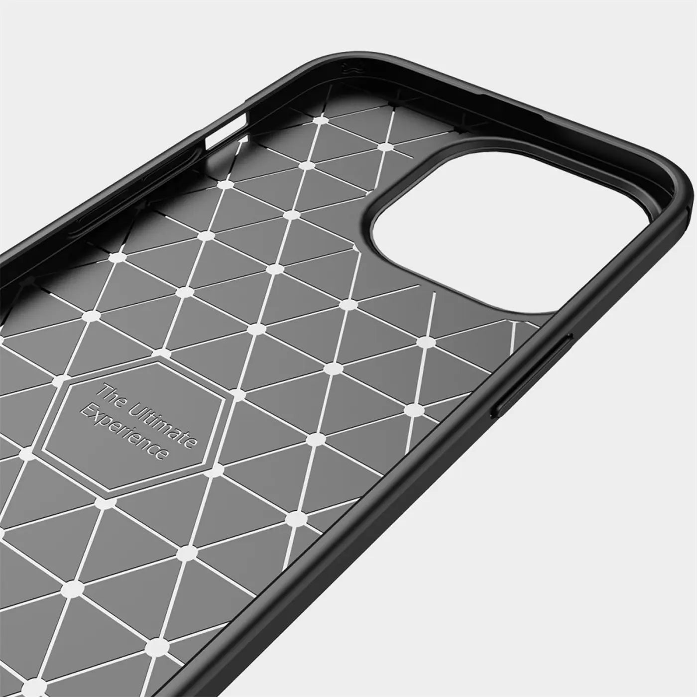 Schwarze Carbon-Hülle, Innenansicht, Ausschnitt für iPhone 14 Pro Max.