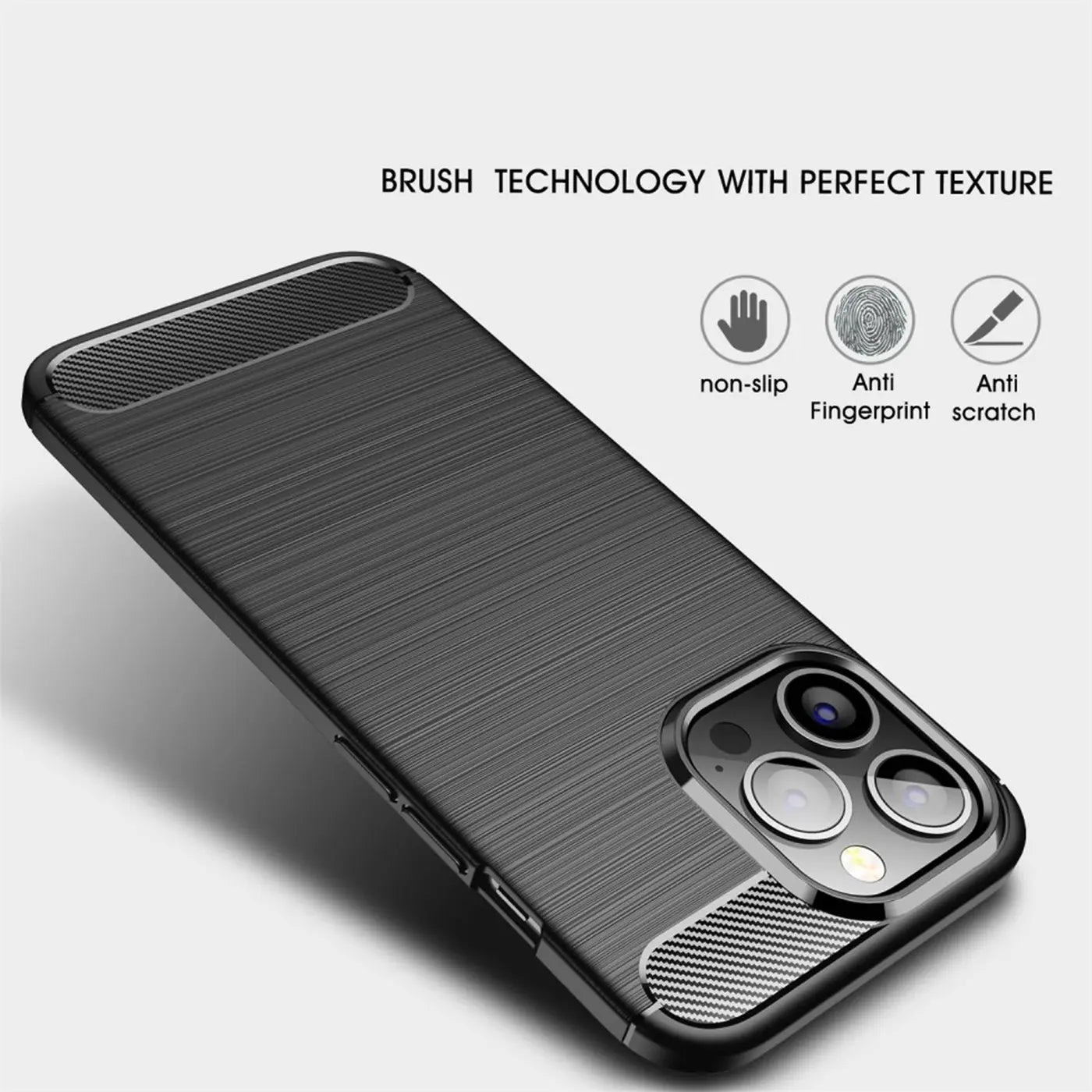 Schwarze Carbon-Hülle für iPhone 14 Pro, von schräg oben, gebürstete Textur.