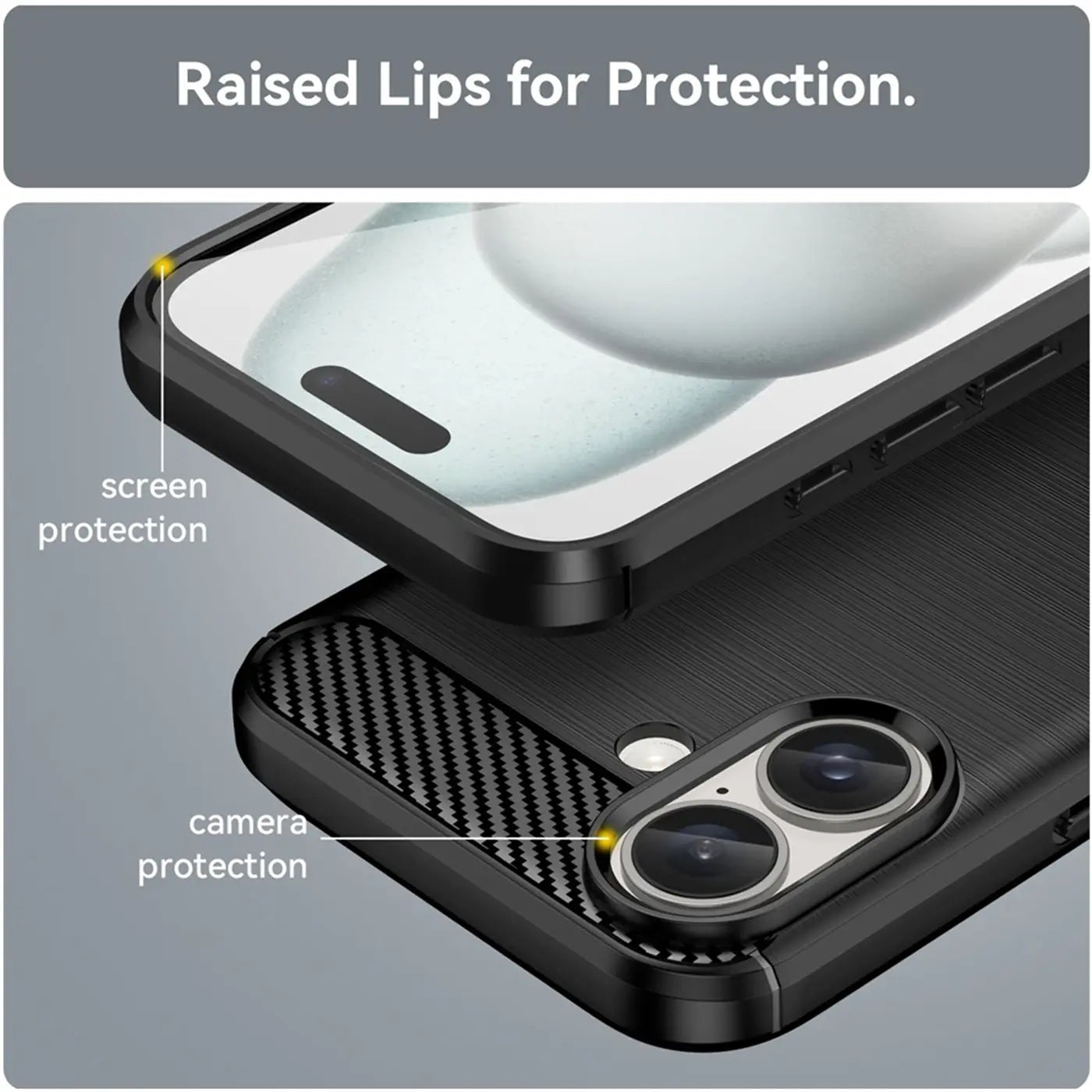Schwarze Carbon-Hülle für iPhone 16 Plus, Nahaufnahme, zeigt Bildschirm- und Kameraschutz.