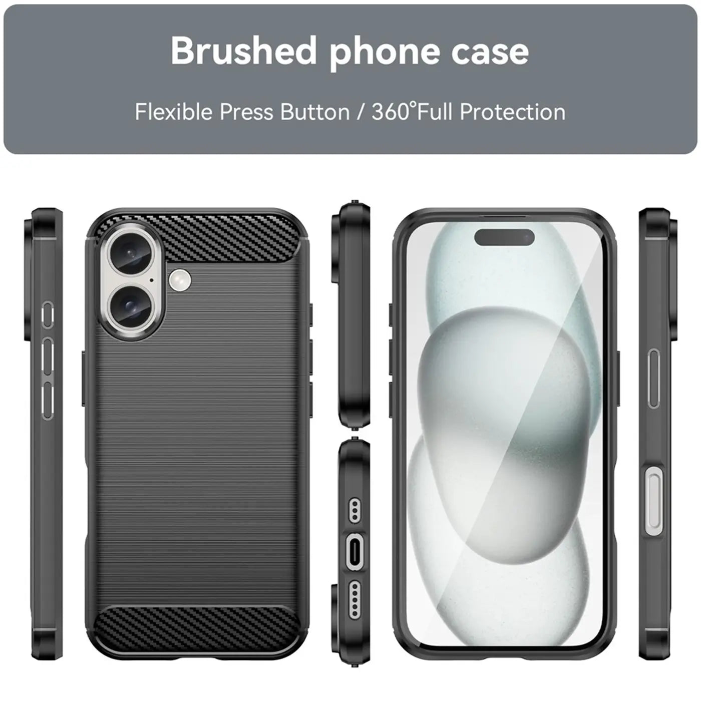 Schwarze Carbon-Hülle, verschiedene Ansichten, mit iPhone 16 Plus