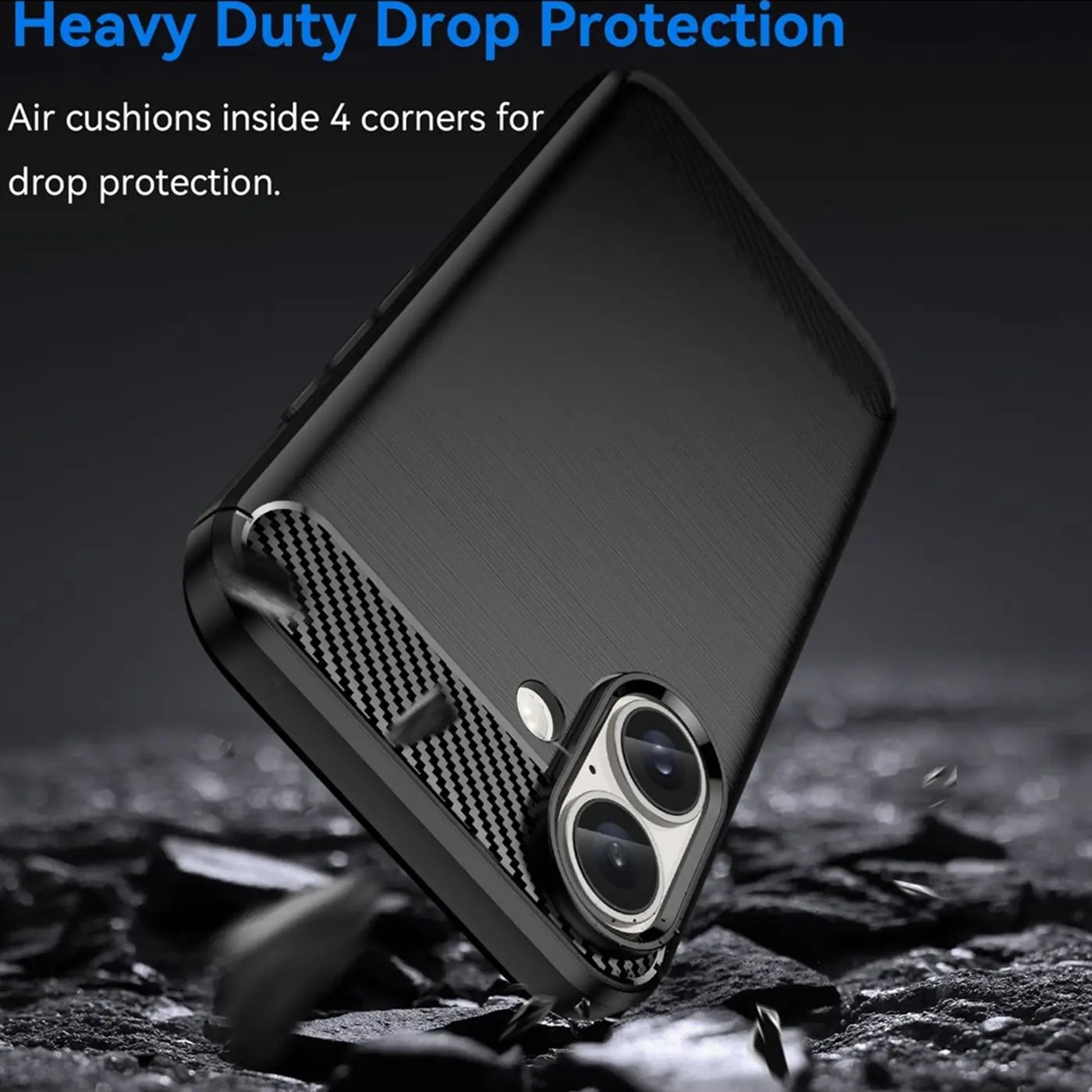 Schwarze Carbon-Hülle, Rückansicht, iPhone 16 Plus mit Kamera