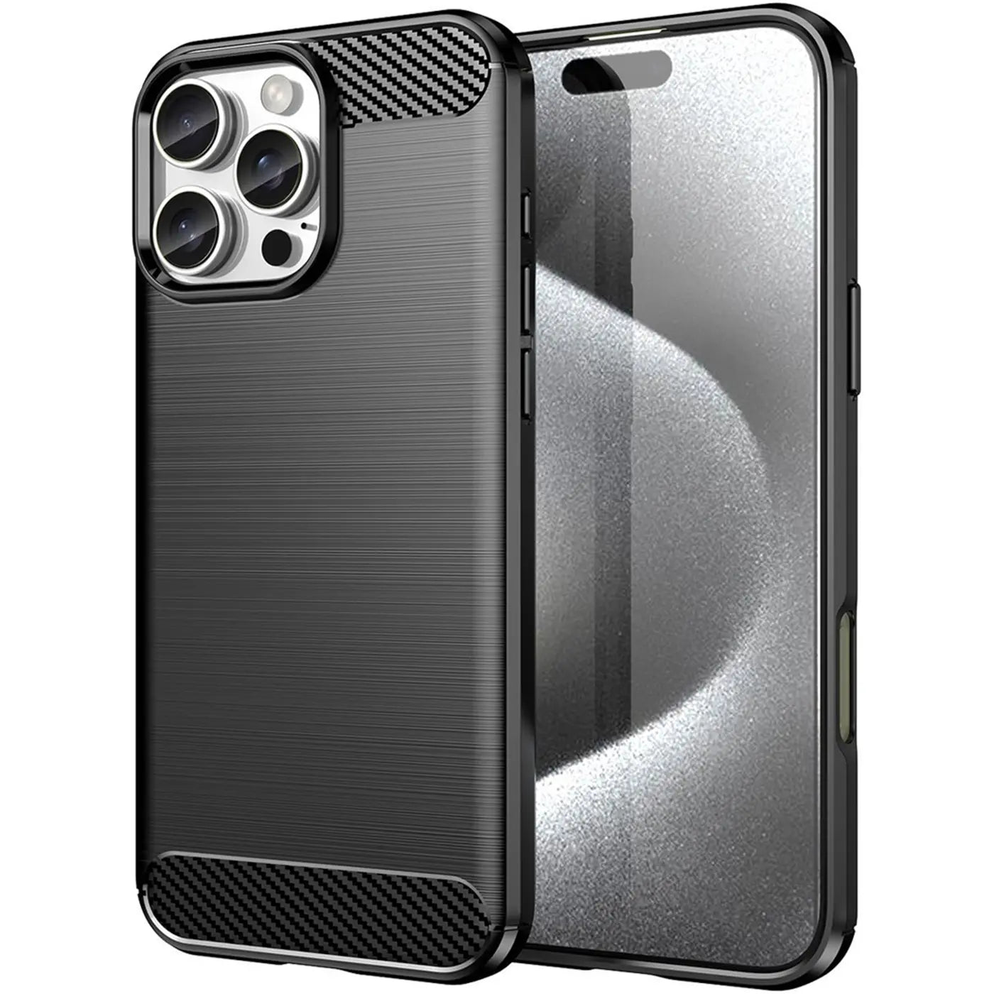 Schwarze Carbon-Hülle mit gebürstetem Finish, seitliche Ansicht, iPhone 16 Pro Max.