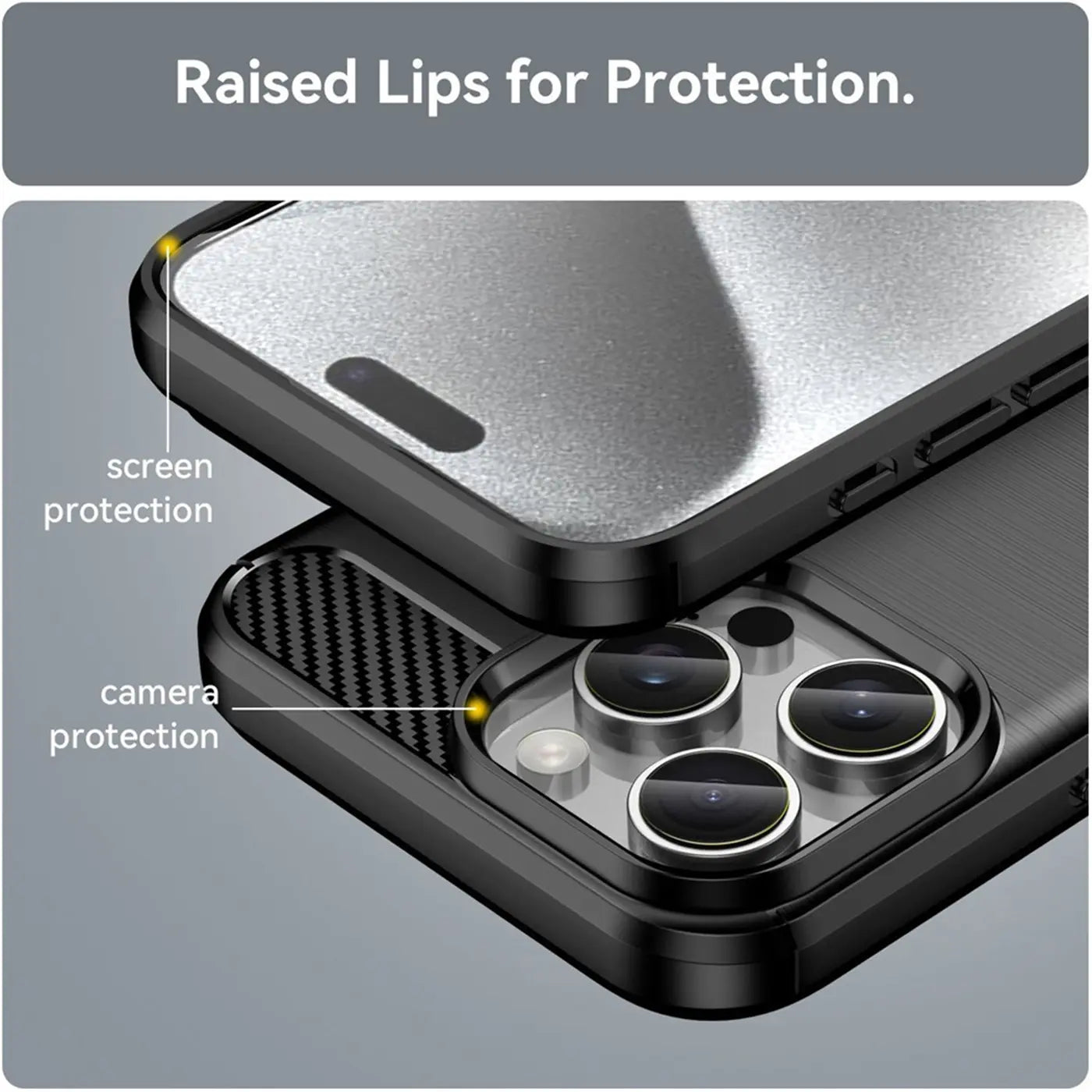 Schwarze Carbon-Hülle mit erhöhten Rändern für iPhone 16 Pro, Nahaufnahme.
