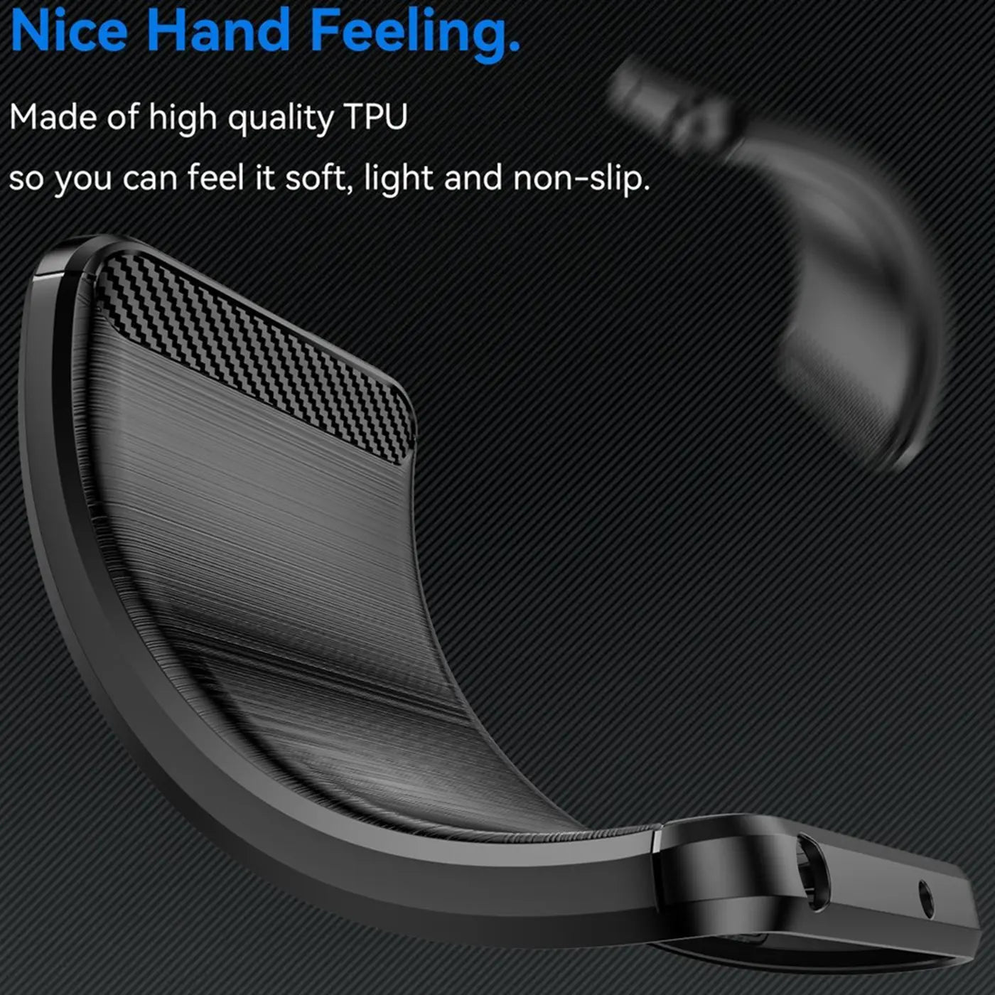 Schwarze TPU-Hülle mit Carbon-Optik, von schräg oben, für iPhone 16 Pro.