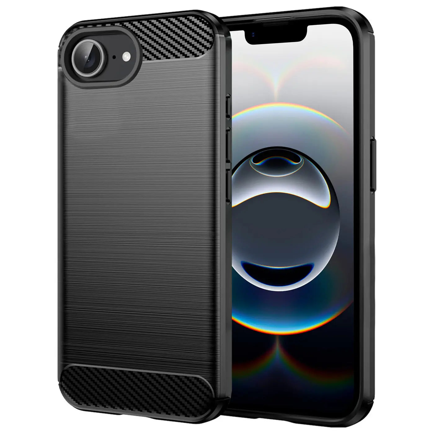 Schwarze Carbon-Hülle, gebürstetes Metall-Finish, Vorderansicht, iPhone 16e.