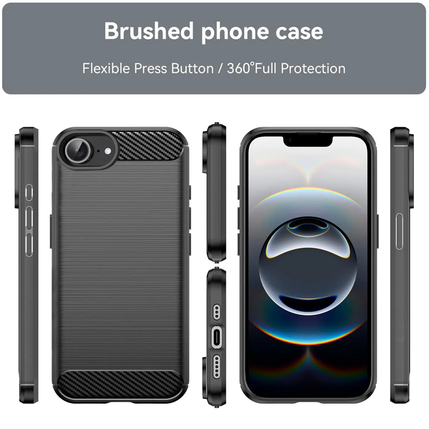 Dunkelgraue Carbon-Hülle, verschiedene Ansichten, mit iPhone 16e.