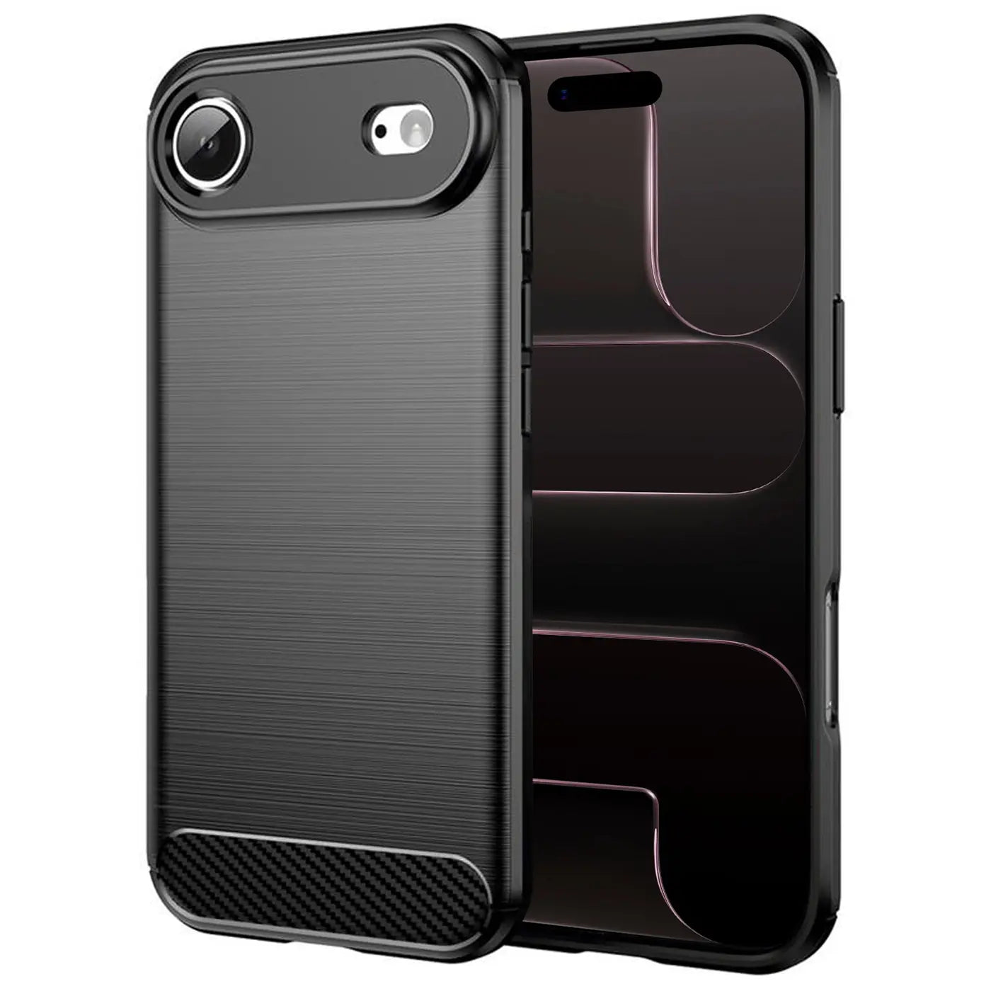 Schwarze Carbon-Hülle für iPhone 17 Air, von vorne links, stoßfest.