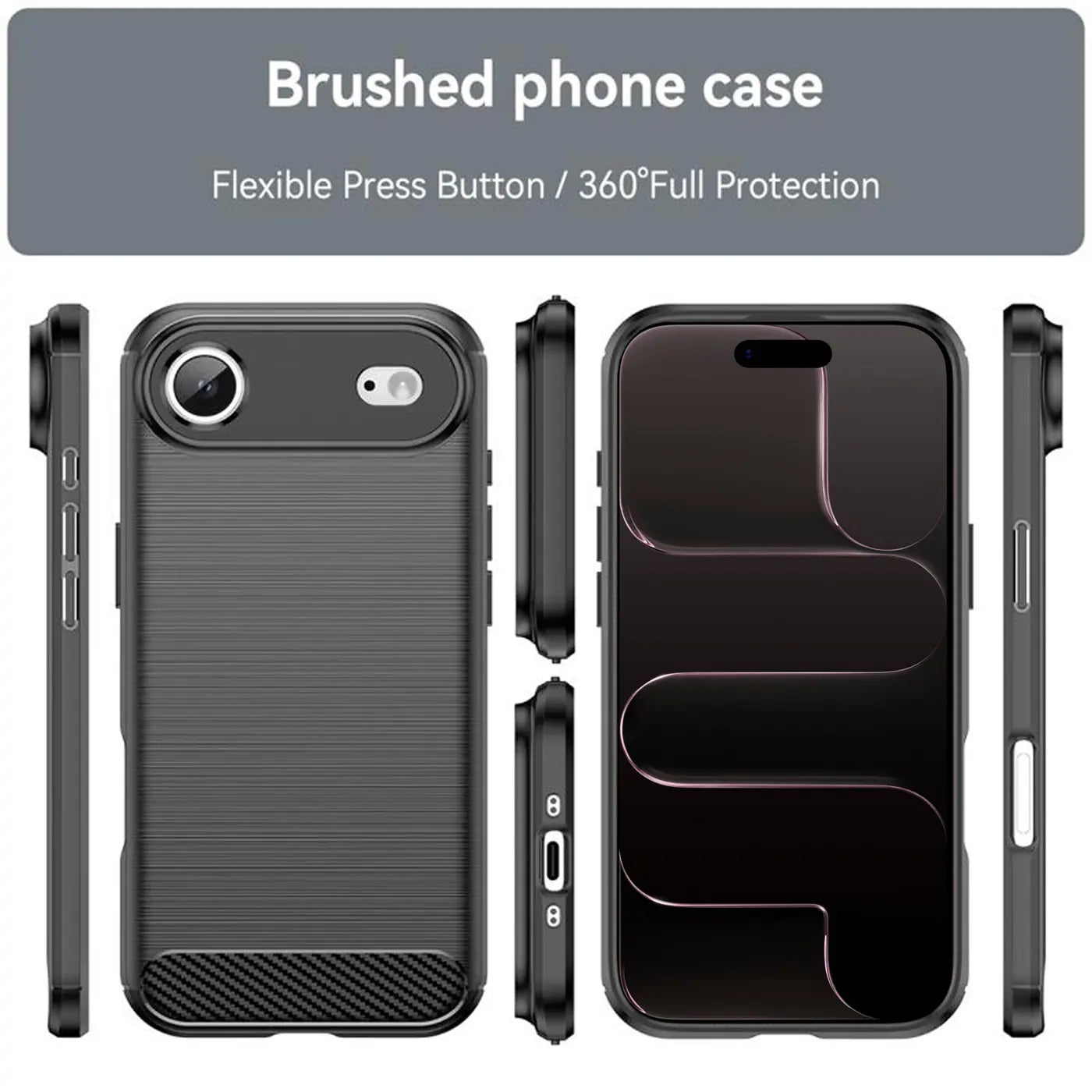 Schwarze Carbon-Hülle, gebürstetes Material, verschiedene Ansichten, zeigt iPhone 17 Air.