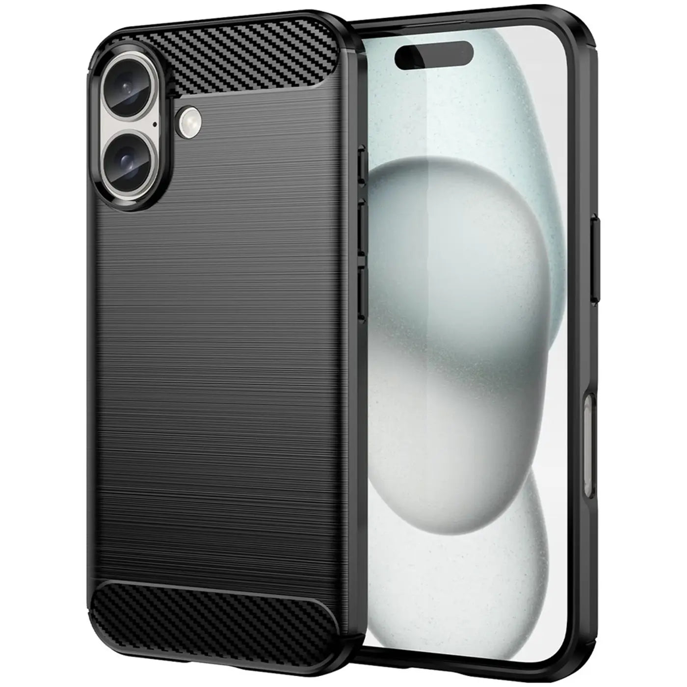 Schwarze Carbon-Hülle mit gebürstetem Finish, von schräg vorne, zeigt iPhone 17.