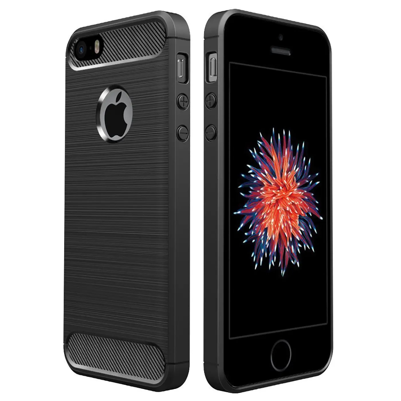 Schwarze Carbon-Hülle mit gebürsteter Textur, zeigt iPhone 5/5S/SE von vorne und hinten.
