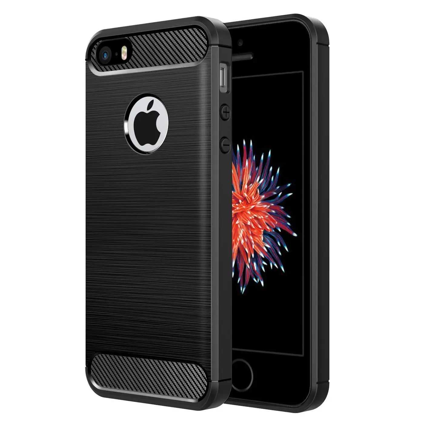 Schwarze Carbon-Hülle mit gebürsteter Textur und Apple-Logo auf iPhone 5/5S/SE, Seitenansicht.