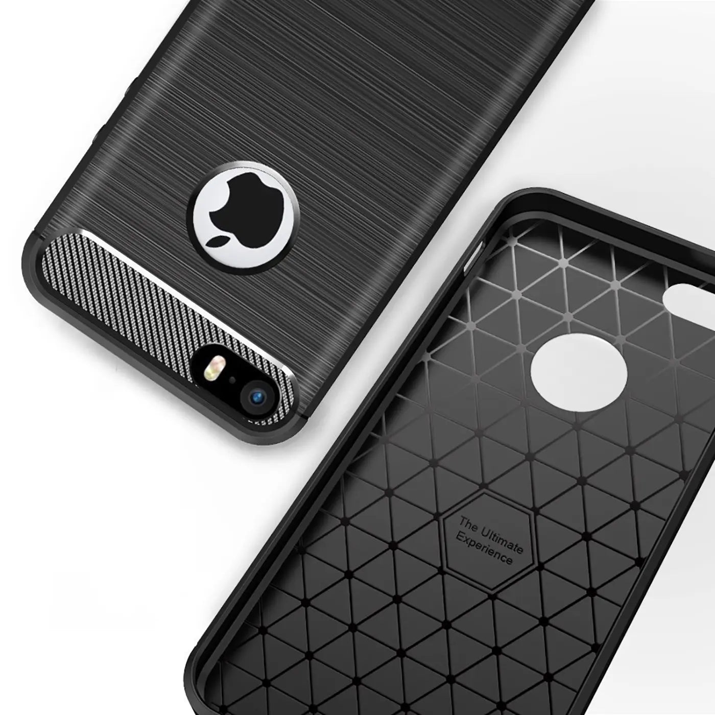Schwarze Carbon-Hülle für iPhone 5/5S/SE, Rückseite und Innenseite sichtbar, aus der Vogelperspektive.