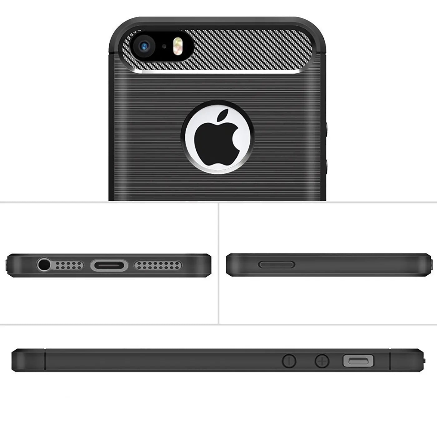 iPhone 5/5S/SE Hülle, schwarz, Carbon-Optik, Rückansicht, Unterseite, Seitenansicht