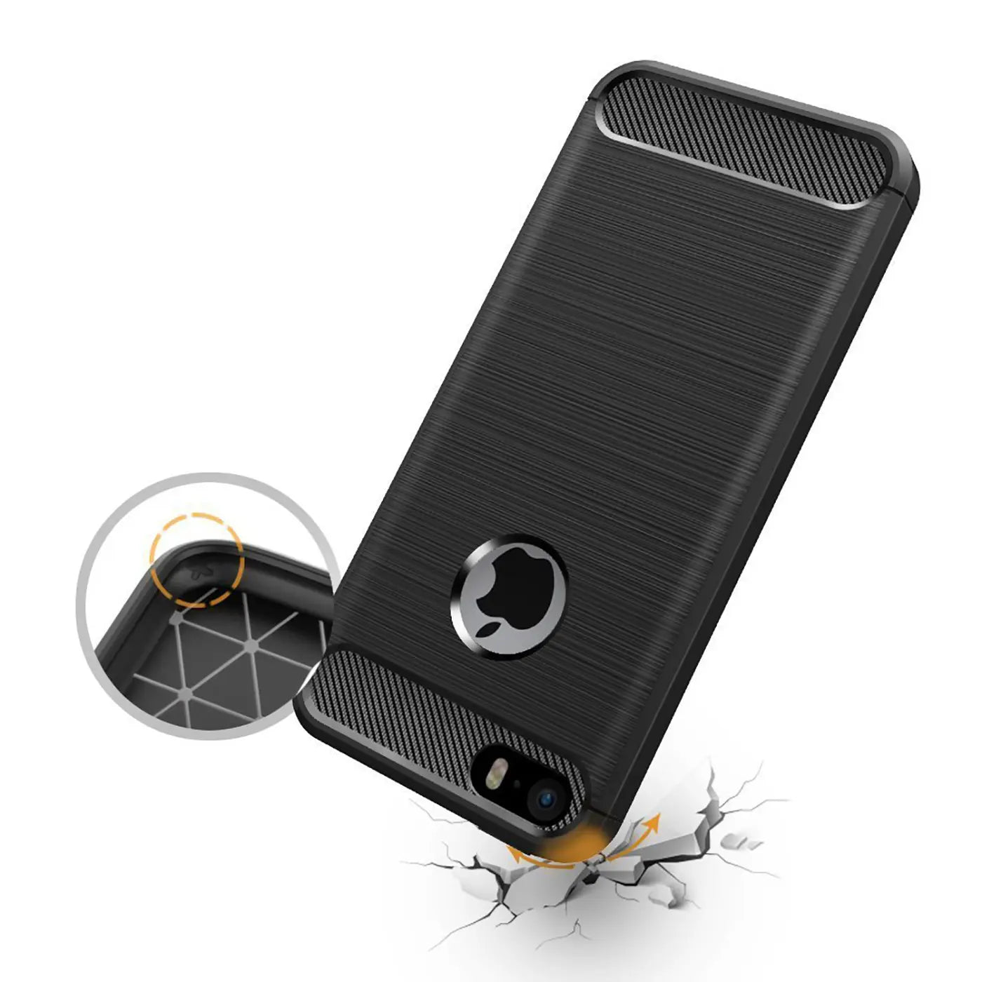 Schwarze Carbon-Hülle für iPhone 5/5S/SE, von schräg oben, stoßfest.