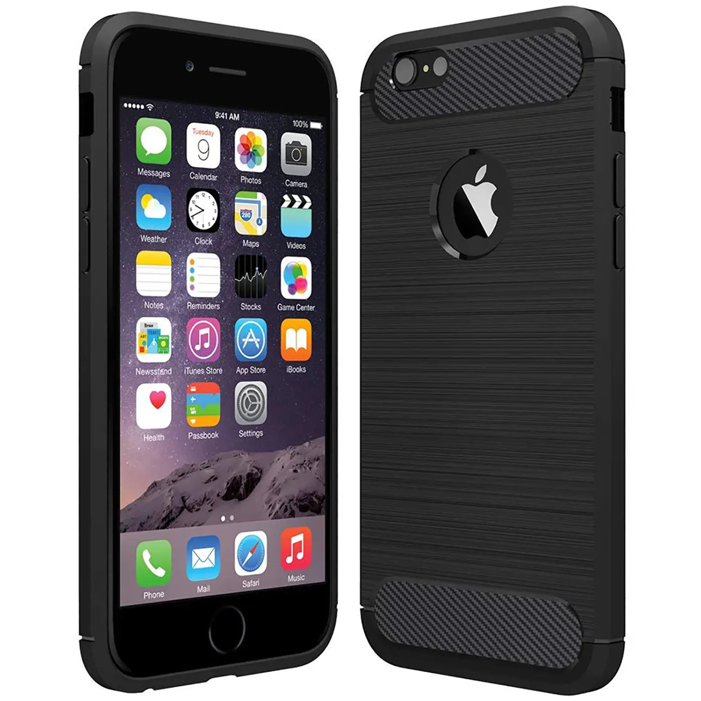 Schwarze Carbon-Hülle für iPhone 6s Plus/6 Plus, Vorder- und Rückansicht, stoßfest
