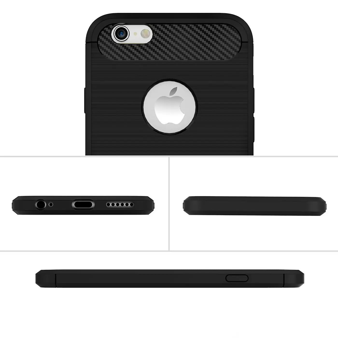 Schwarze Carbon-Hülle für iPhone 6s Plus/6 Plus, Rückansicht, Unterseite, Seitenansicht.